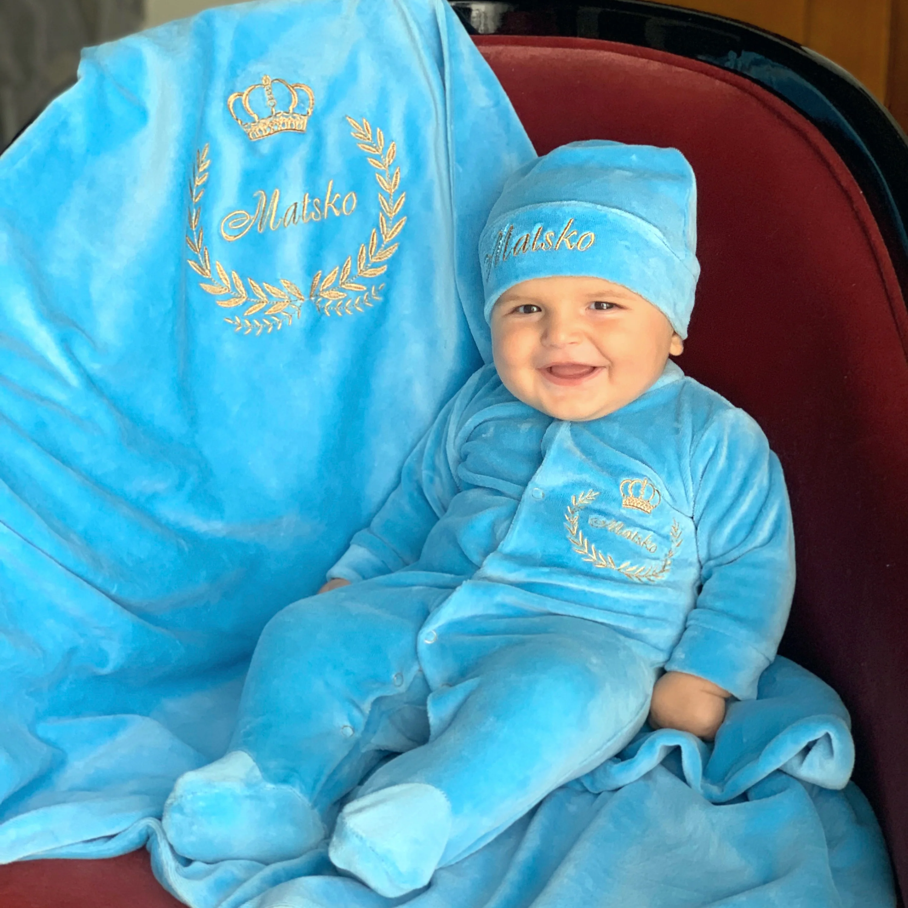Baby Blue Velvet Coming Home Outfit with Monogram Blanket - Image 2