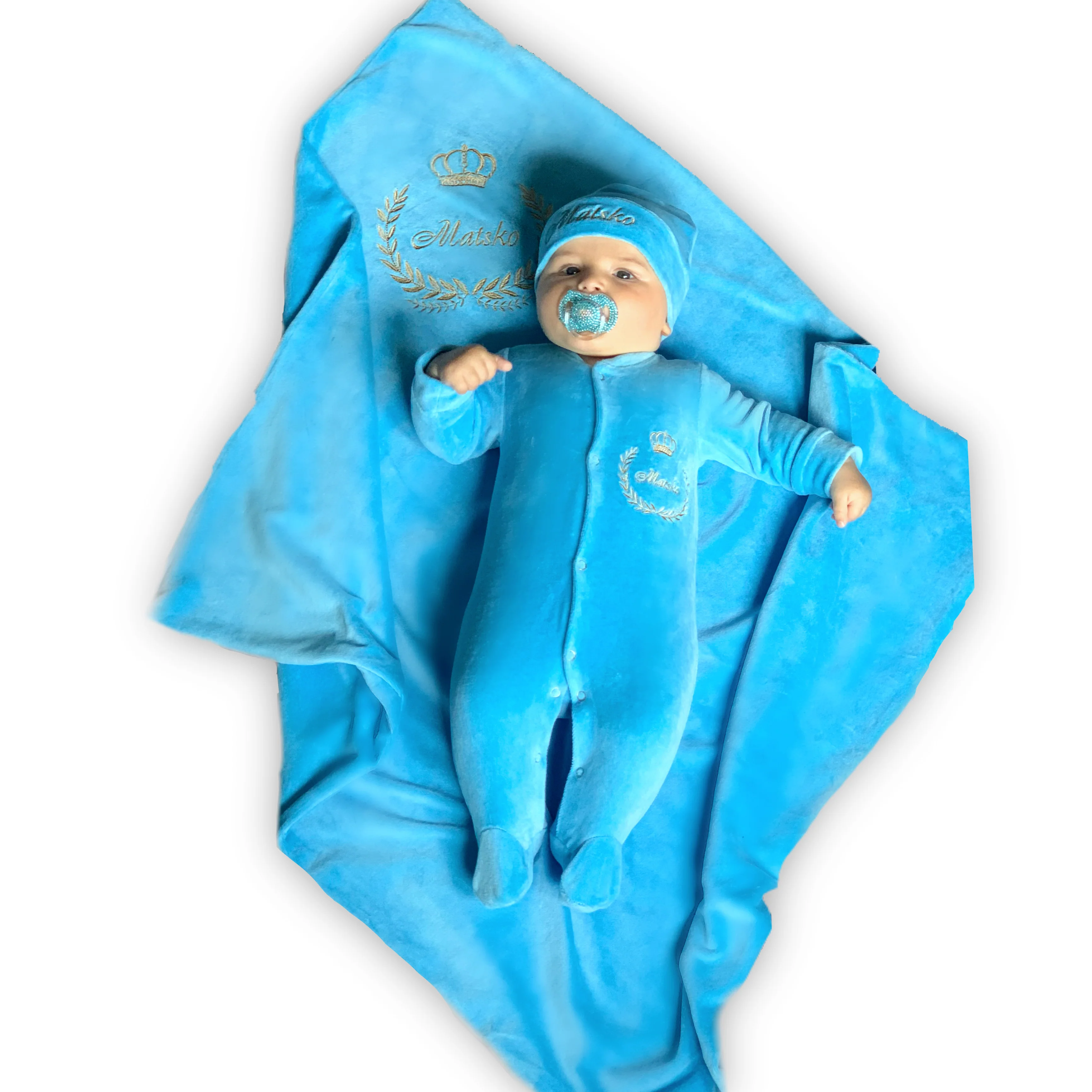 Baby Blue Velvet Coming Home Outfit with Monogram Blanket - Image 3