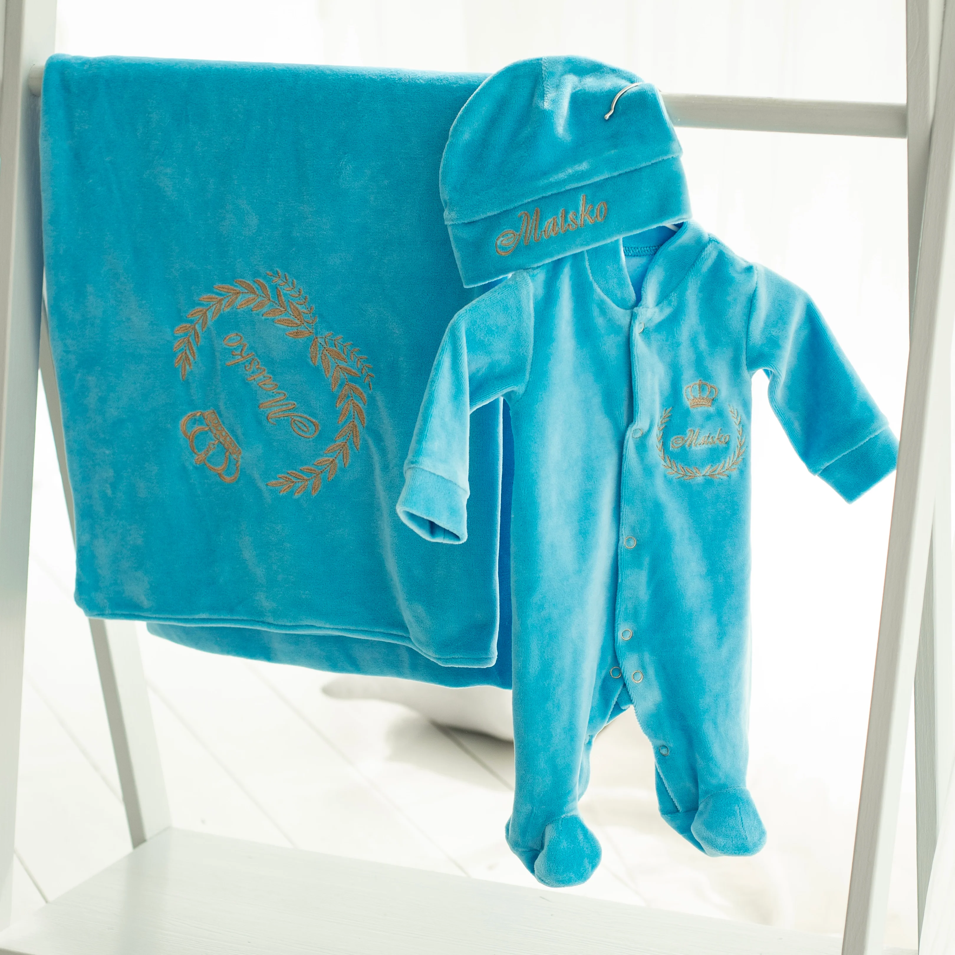 Baby Blue Velvet Coming Home Outfit with Monogram Blanket - Image 4