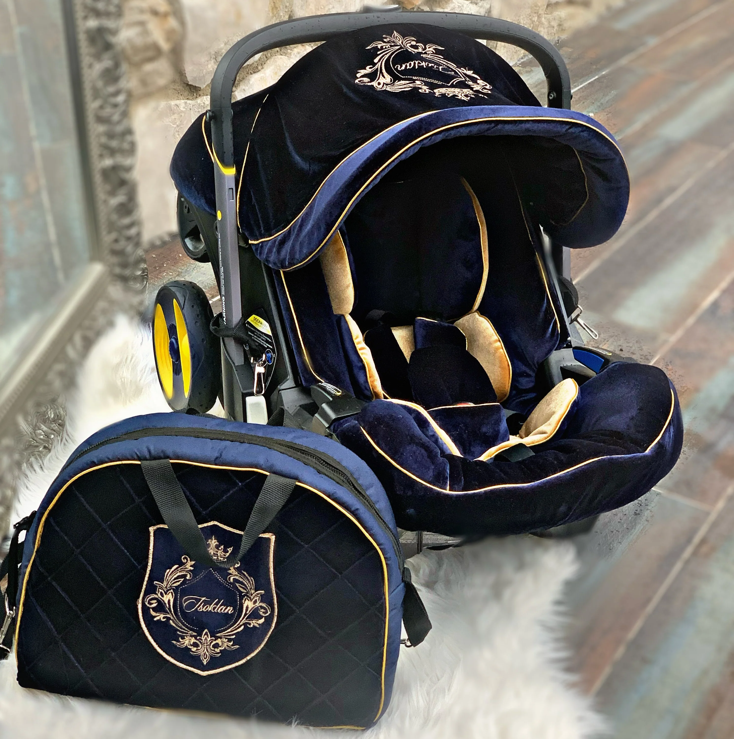 Personalized Baby Boy Car Seat Cover Set with Canopy & Diaper Bag - Image 6