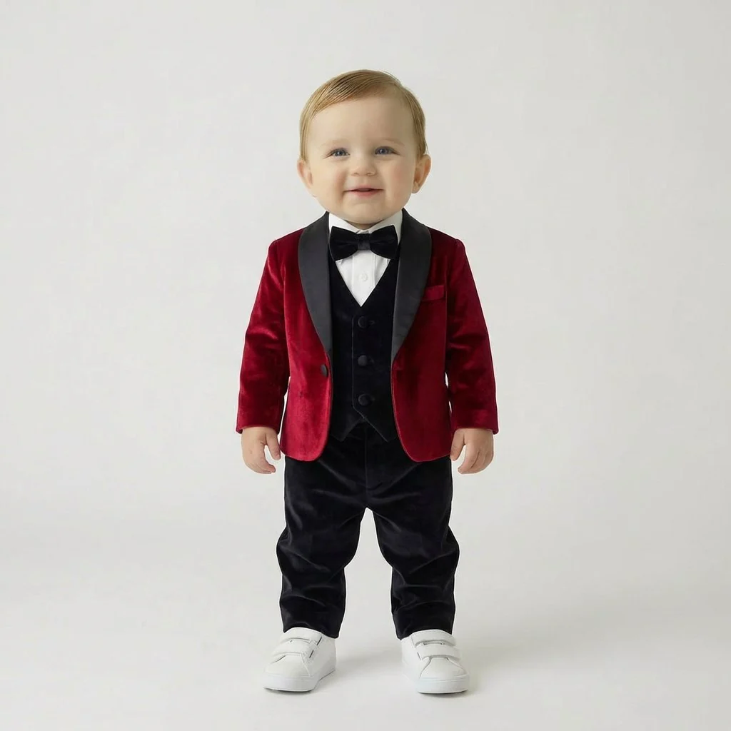 Baby Boy Velvet Tuxedo – Burgundy Jacket with Black Collar - Image 2