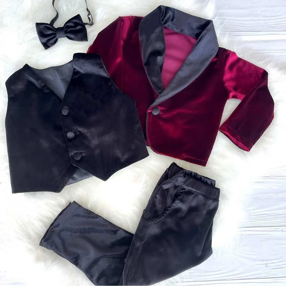 Baby Boy Velvet Tuxedo – Burgundy Jacket with Black Collar - Image 3