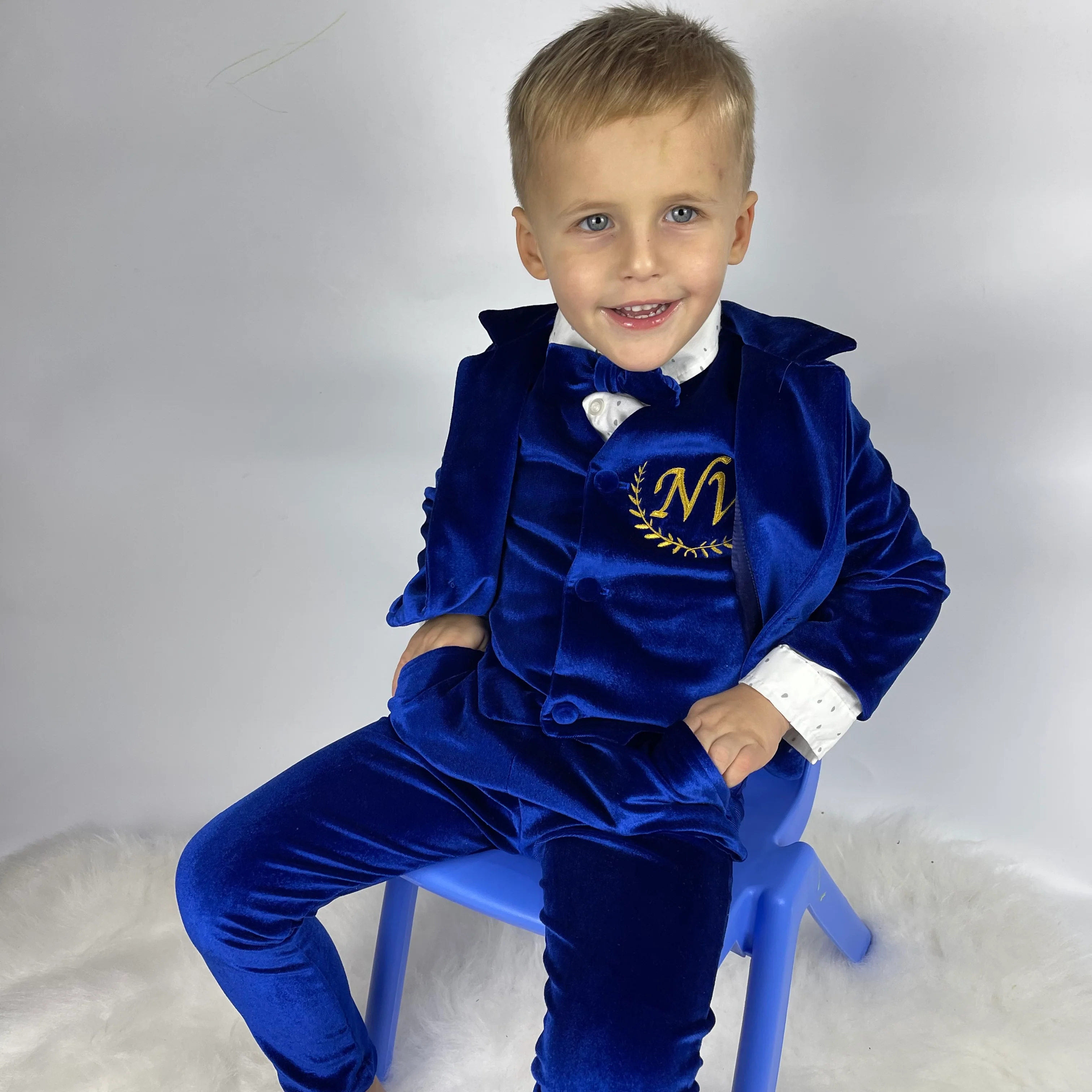 Baby Boy Velvet Tuxedo – Royal Blue Jacket with Bow Tie - Image 3