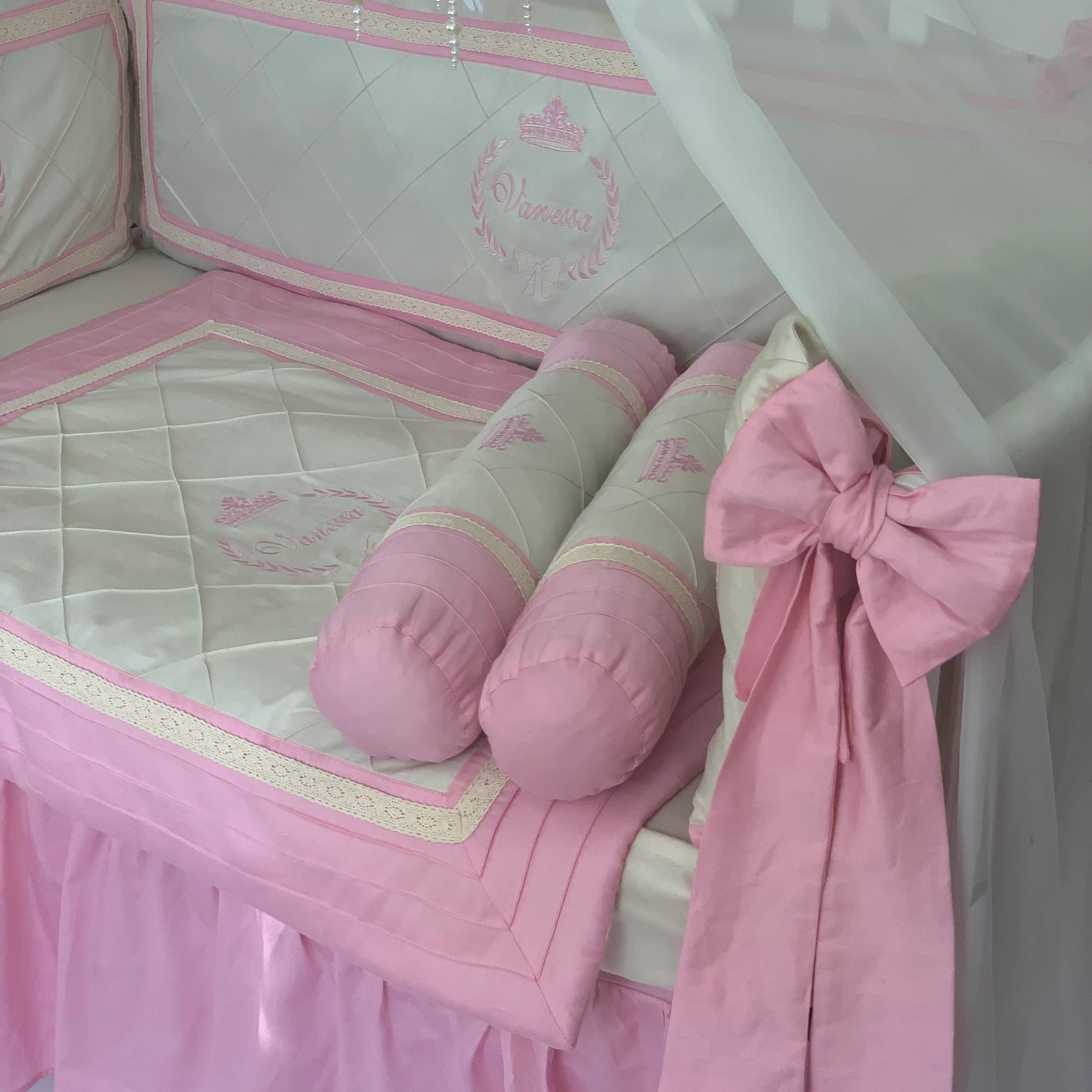 Baby Pink Crib Bedding Set for Girls with Canopy - Image 3