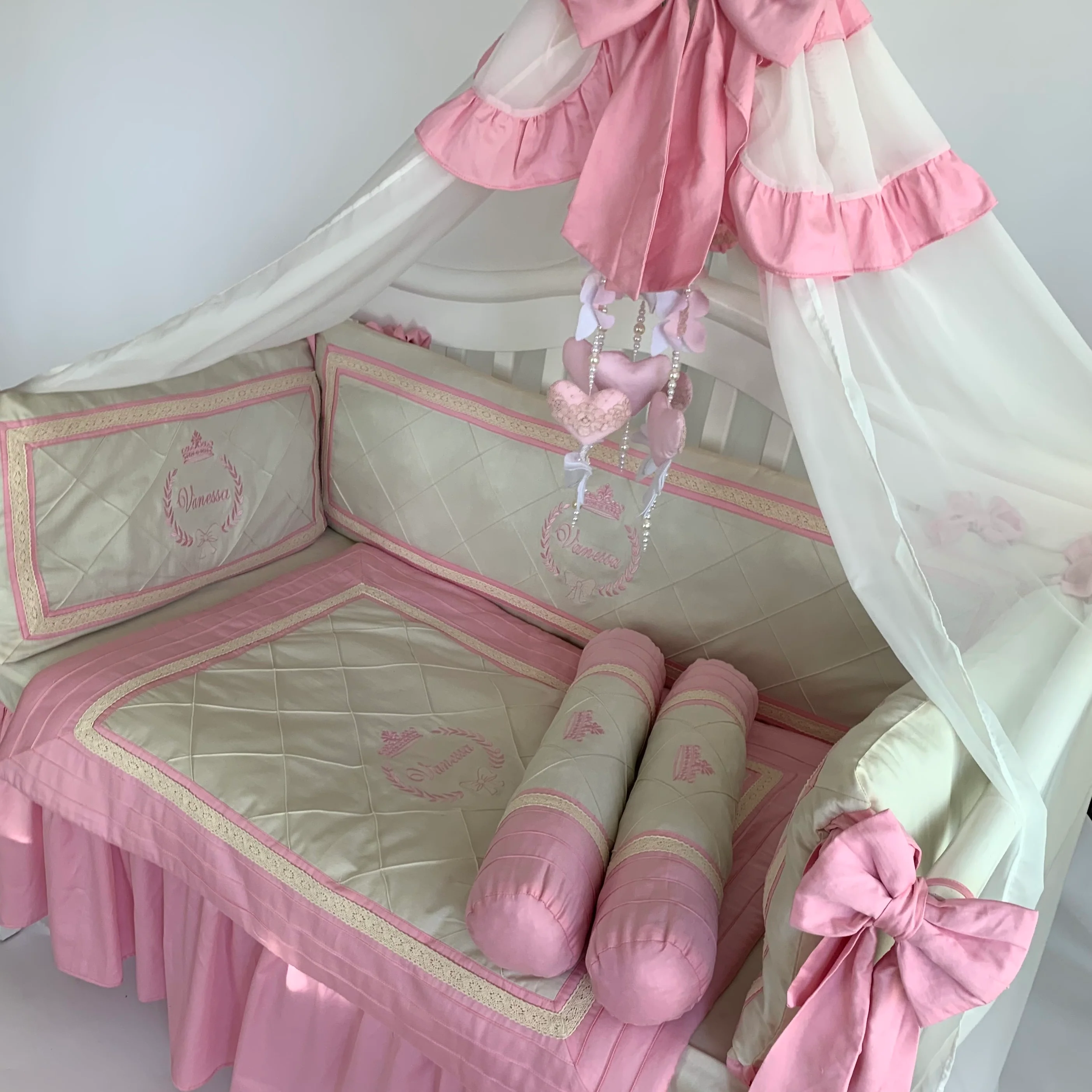Baby Pink Crib Bedding Set for Girls with Canopy - Image 5
