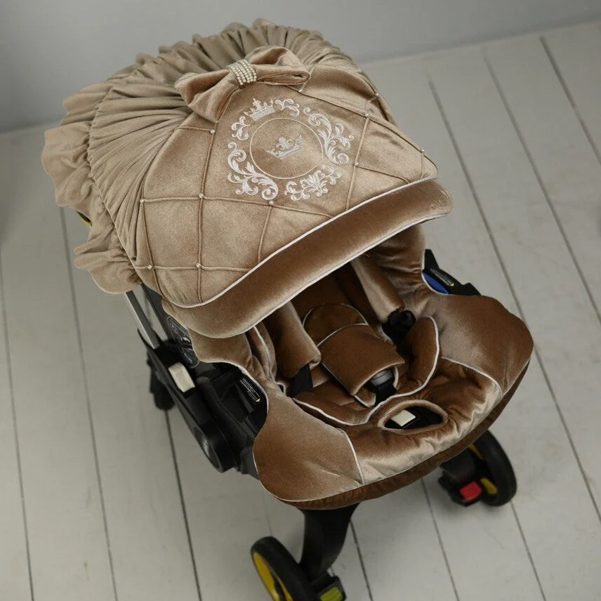 Beige Velvet Baby Car Seat Cover with Rhinestones & Pearls - Image 3