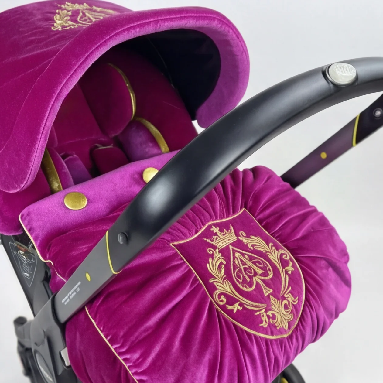 Pink & Gold Velvet Baby Car Seat Cover Set – Crown Ace Embroidery - Image 2