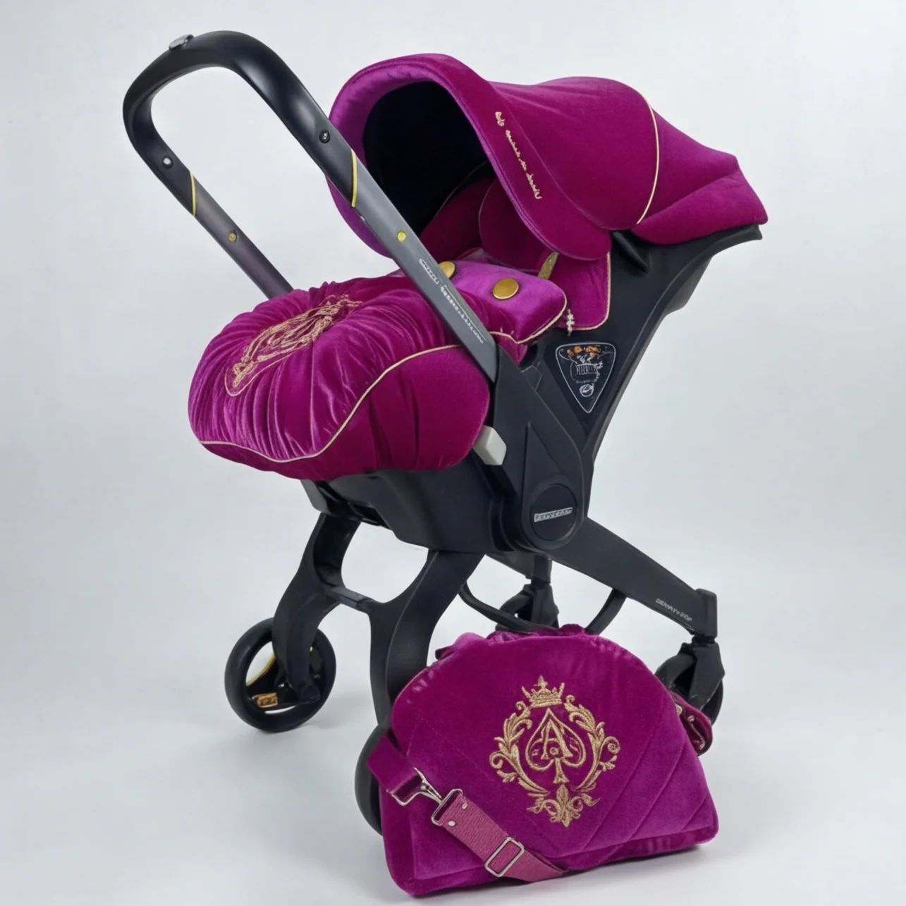 Pink & Gold Velvet Baby Car Seat Cover Set – Crown Ace Embroidery - Image 3