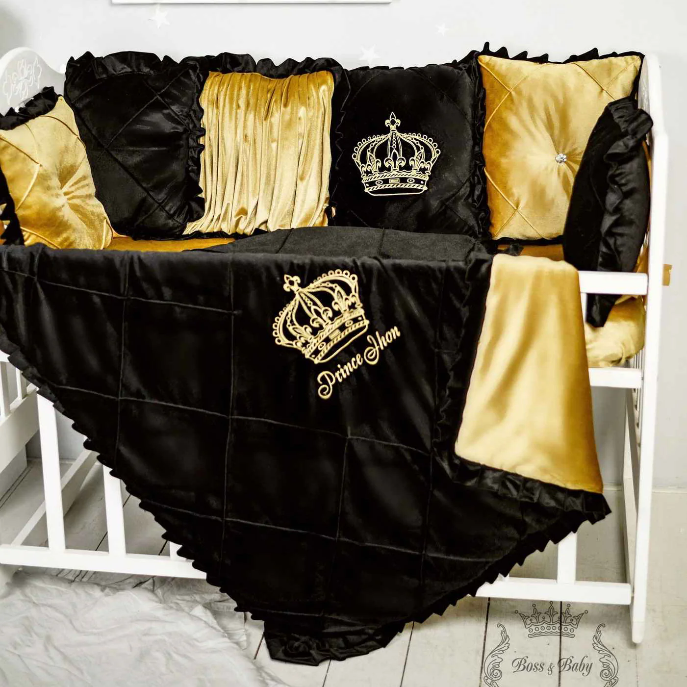 Black and Gold Baby Crib Bumpers – Luxury King Theme - Image 2