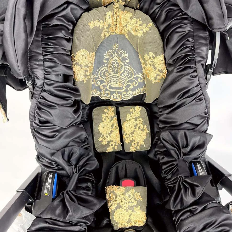 Black Baby Car Seat Cover with Gold Lace Canopy - Image 5