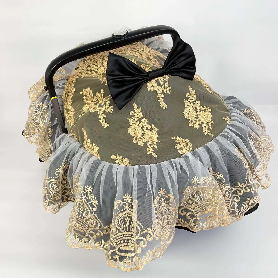 Black Baby Car Seat Cover with Gold Lace Canopy - Image 6