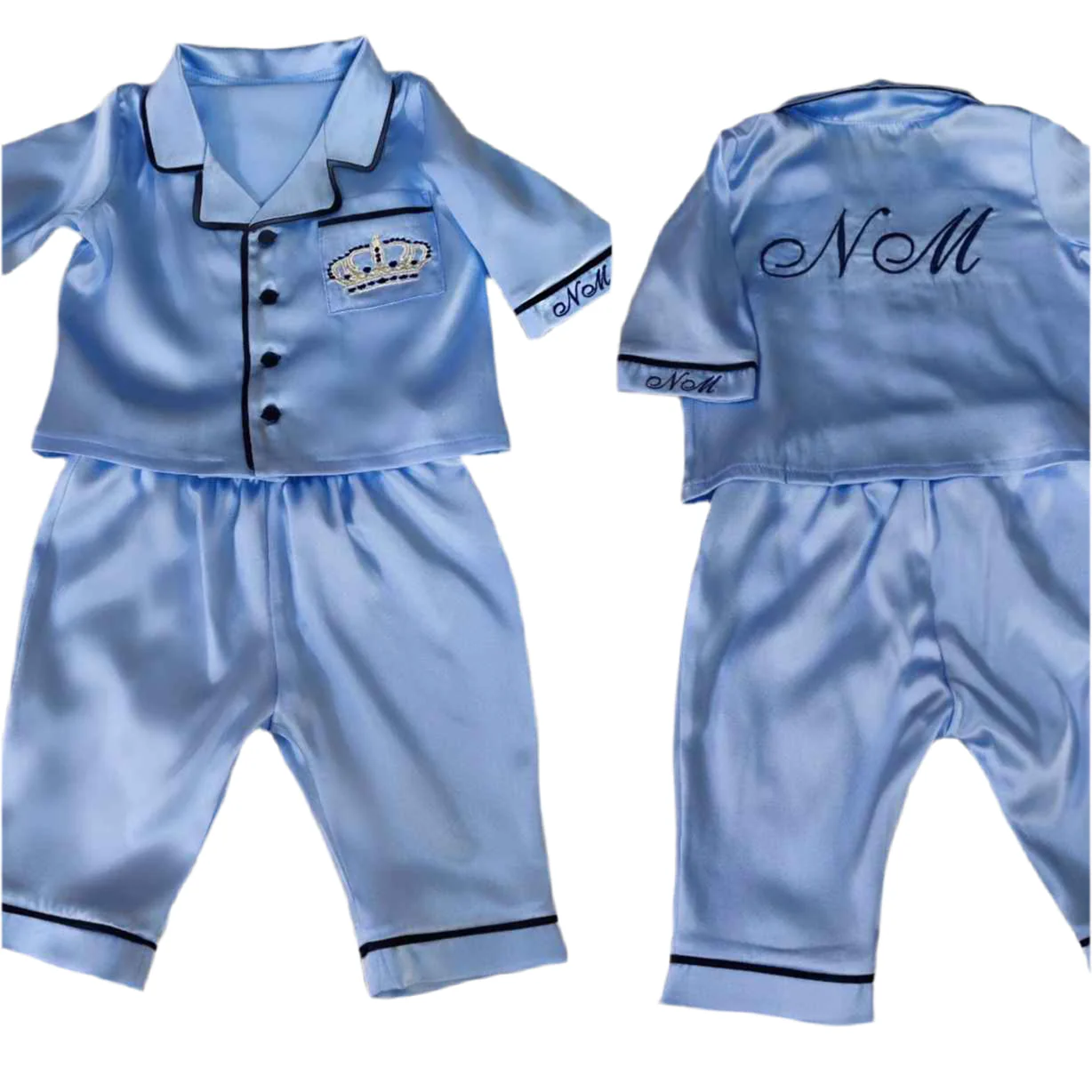 Blue Silk Baby Pajamas – Personalized Newborn PJ Set - Image 2