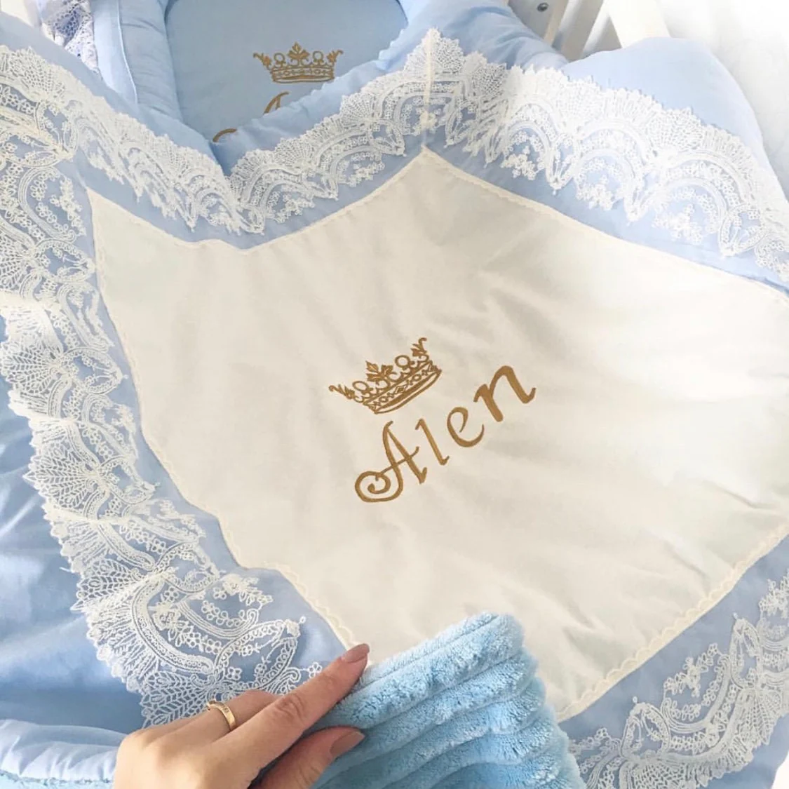 Blue & White Personalized Baby Boy Crib Bedding Set - Image 3
