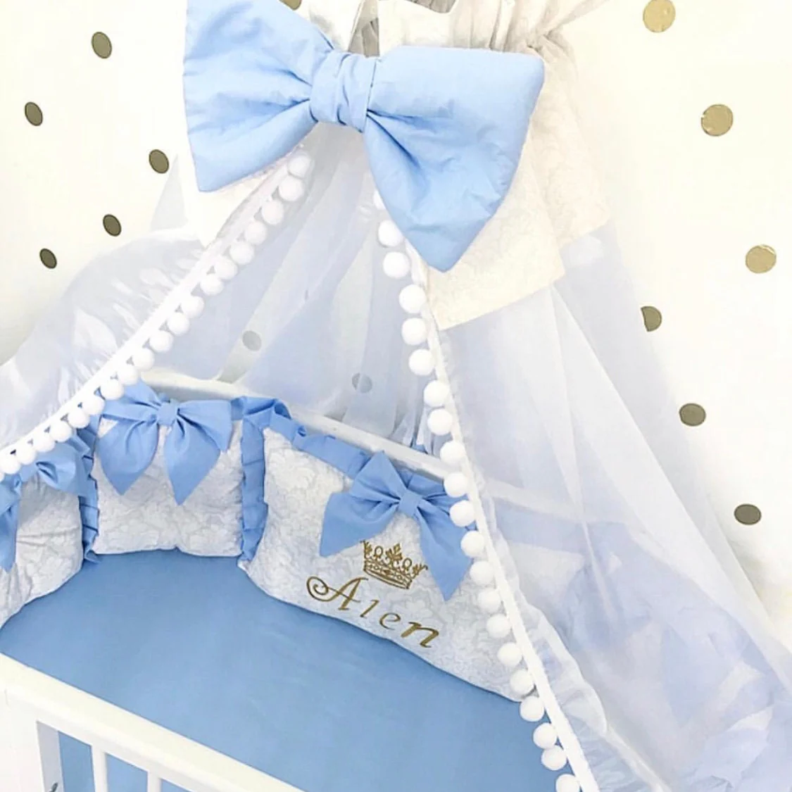 Blue & White Personalized Baby Boy Crib Bedding Set - Image 4