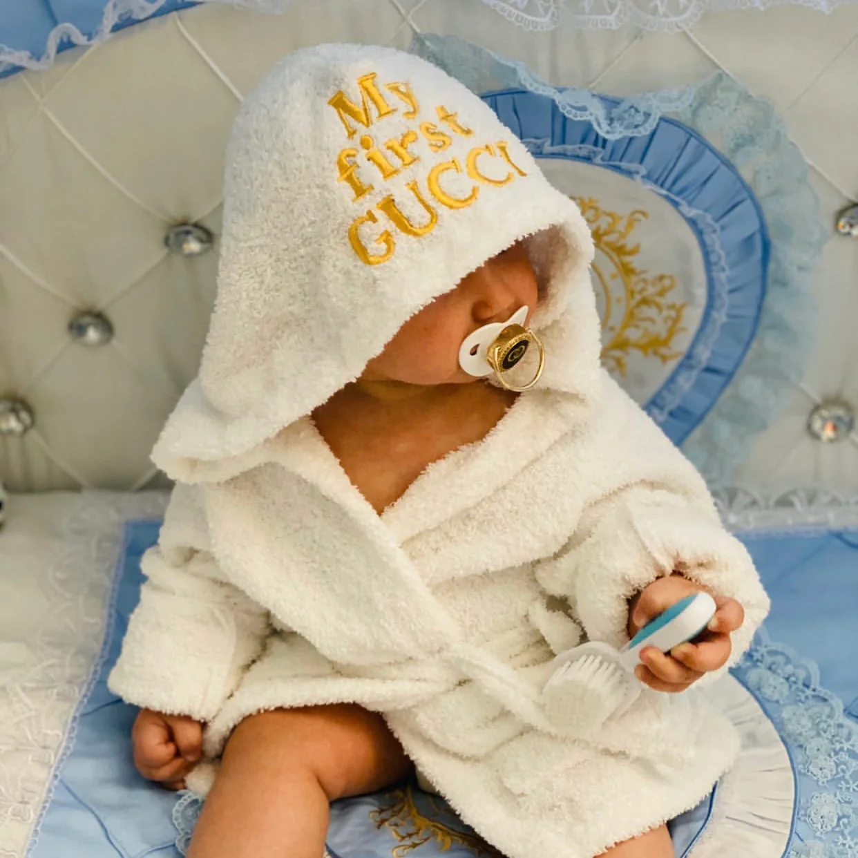 Blue & White Satin Baby Boy Bedding with Lace & Rhinestones - Image 10