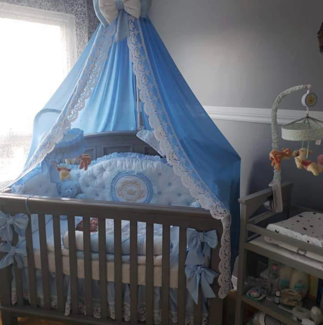 Blue & White Satin Baby Boy Bedding with Lace & Rhinestones - Image 11