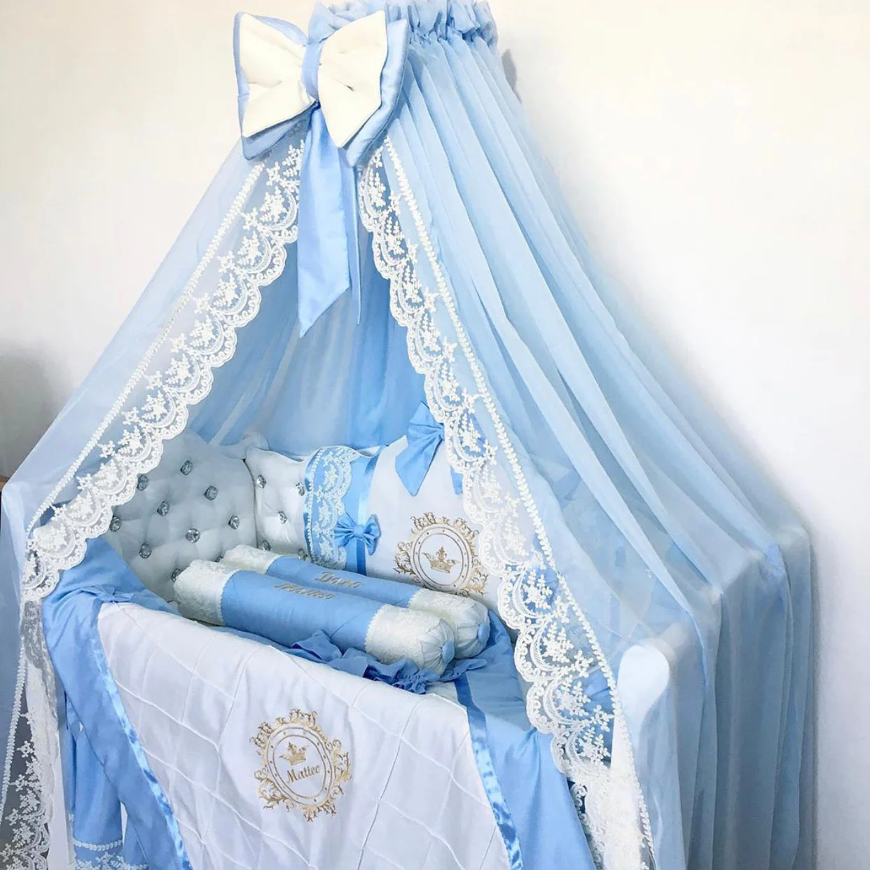 Blue & White Satin Baby Boy Bedding with Lace & Rhinestones - Image 4