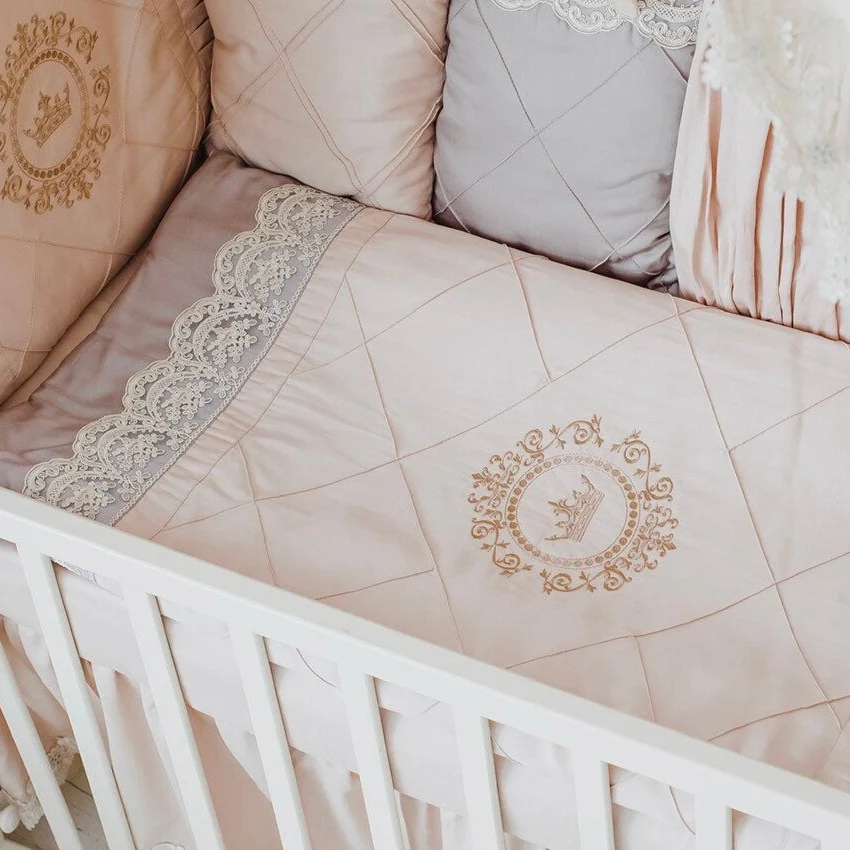 Luxury Blush Pink Beige Crib Bedding Set with Canopy | Crown Emblem Embroidery - Image 6