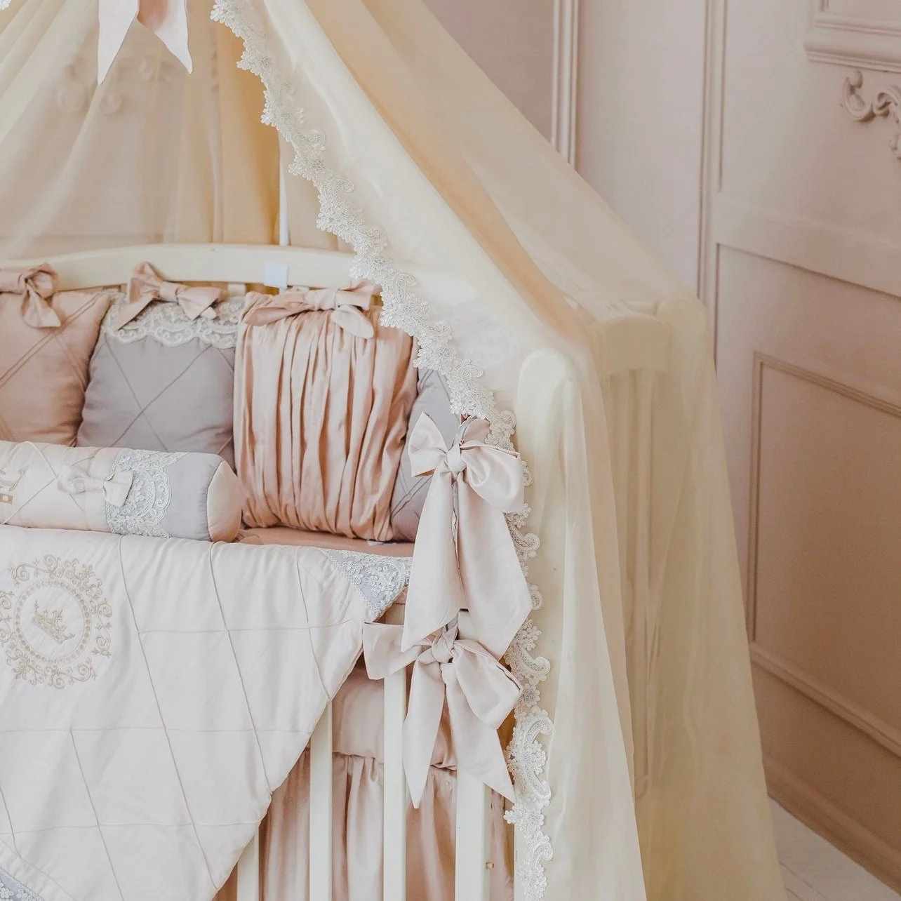 Luxury Blush Pink Beige Crib Bedding Set with Canopy | Crown Emblem Embroidery - Image 7