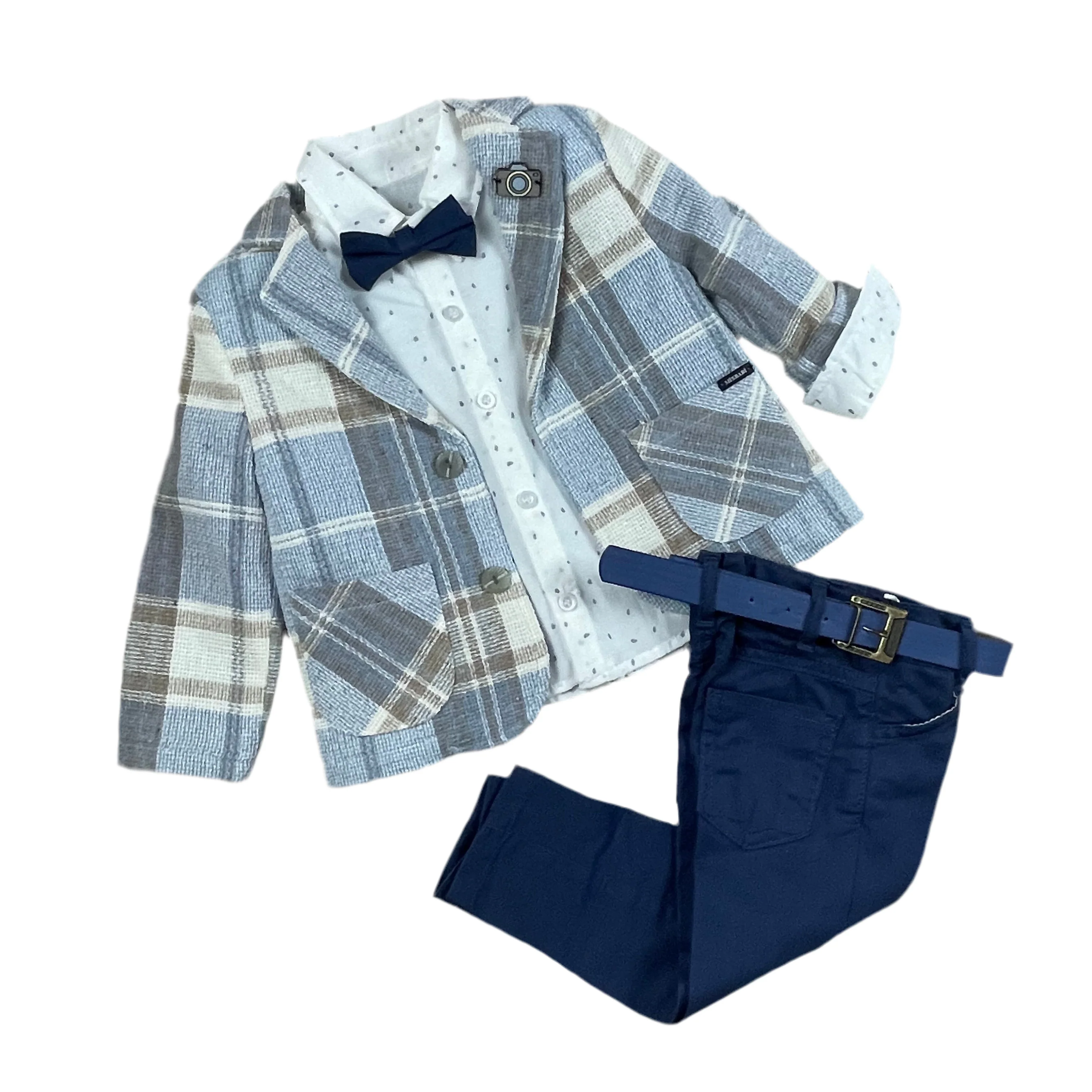 Boys’ Blue Checkered Suit with Navy Pants and Bow Tie - Image 2