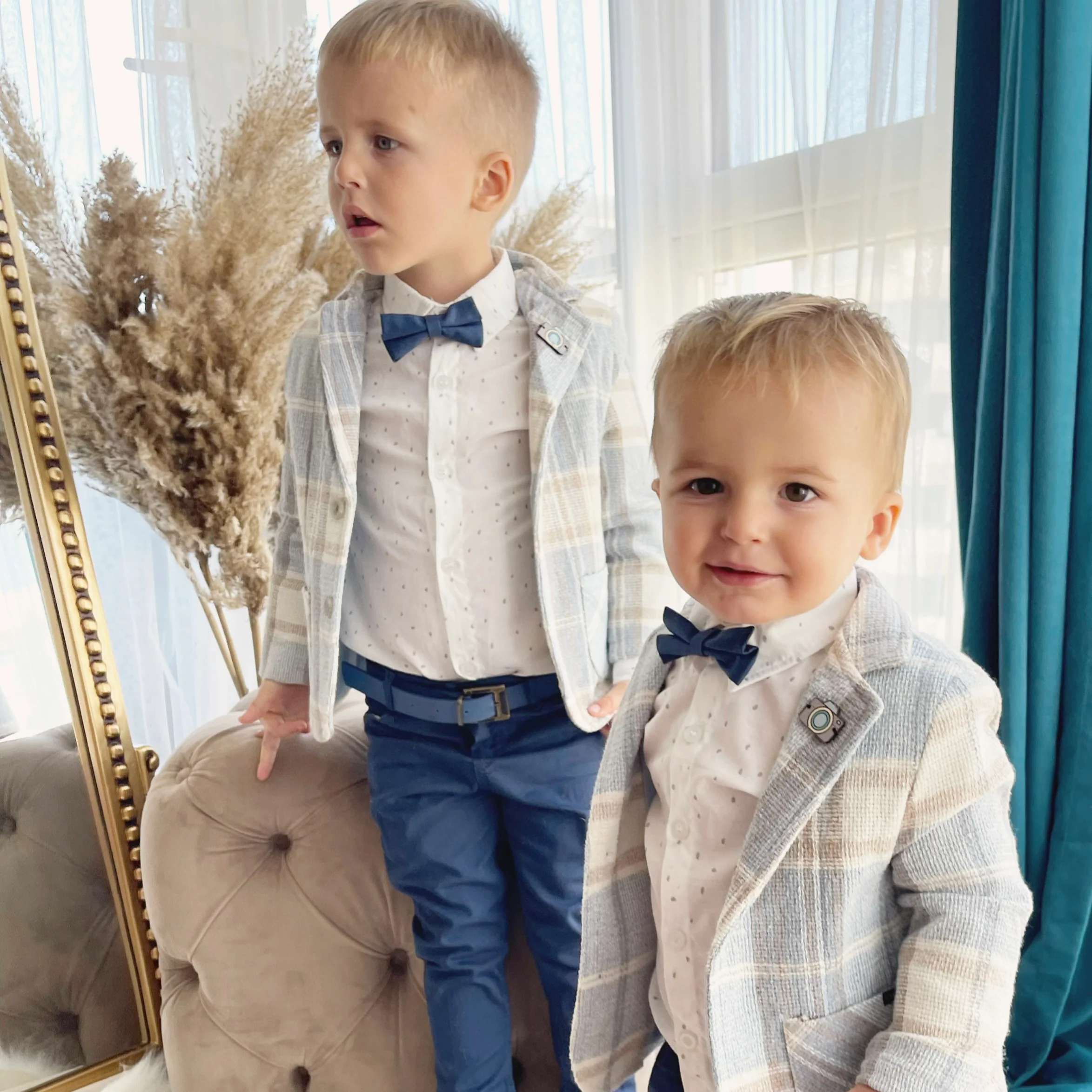 Boys’ Blue Checkered Suit with Navy Pants and Bow Tie - Image 3
