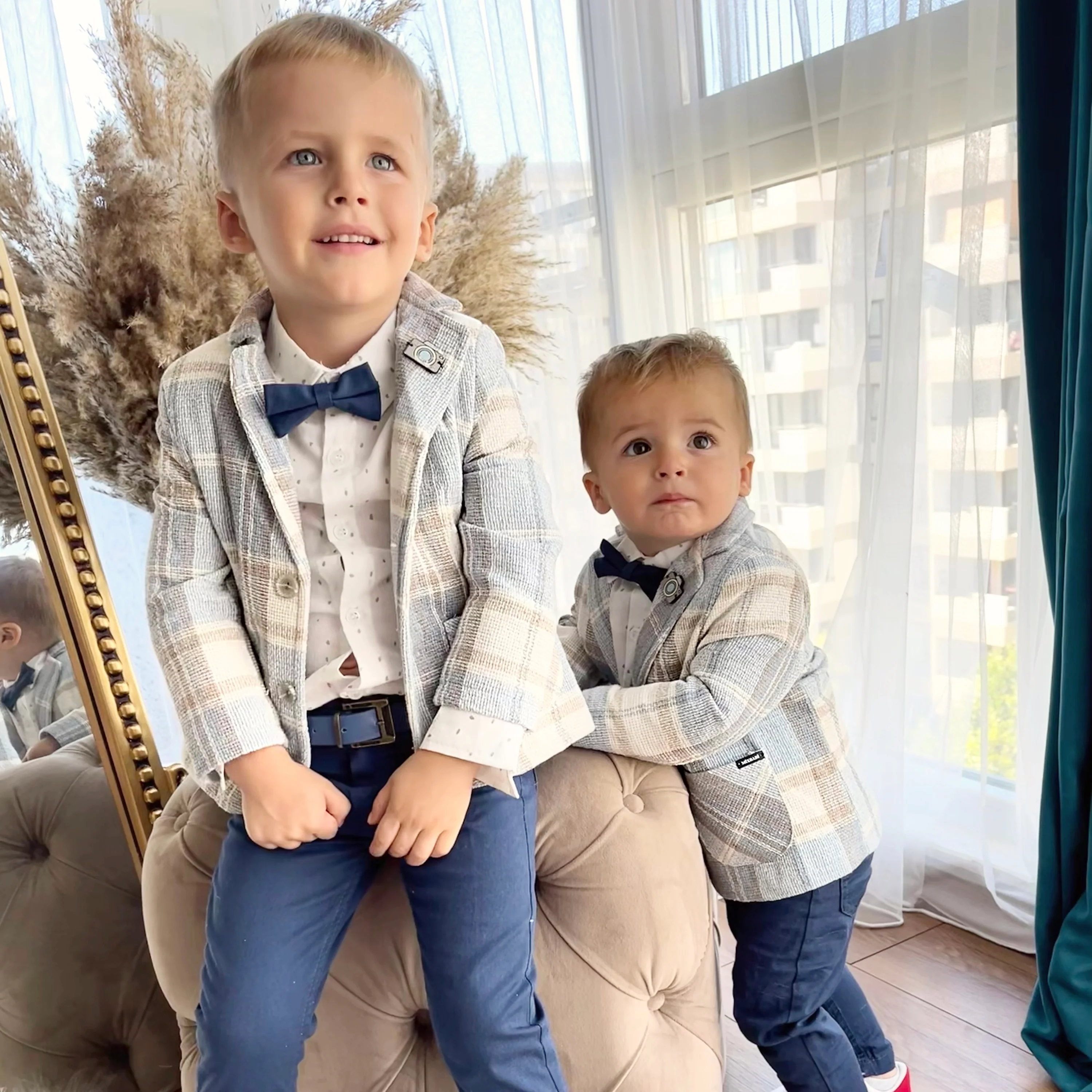 Boys’ Blue Checkered Suit with Navy Pants and Bow Tie - Image 4