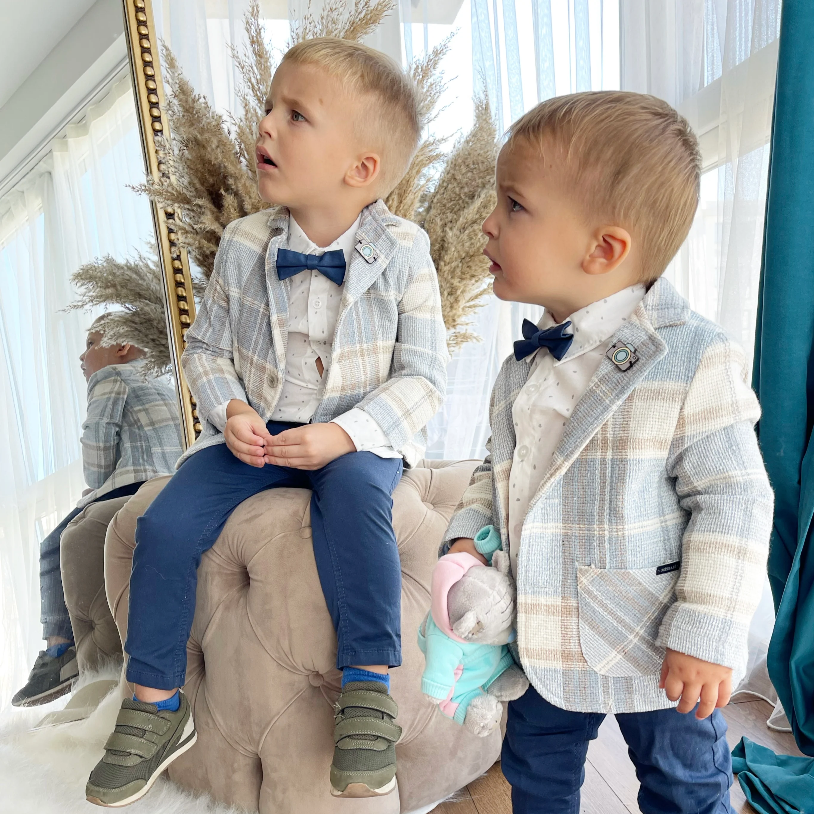 Boys’ Blue Checkered Suit with Navy Pants and Bow Tie - Image 5