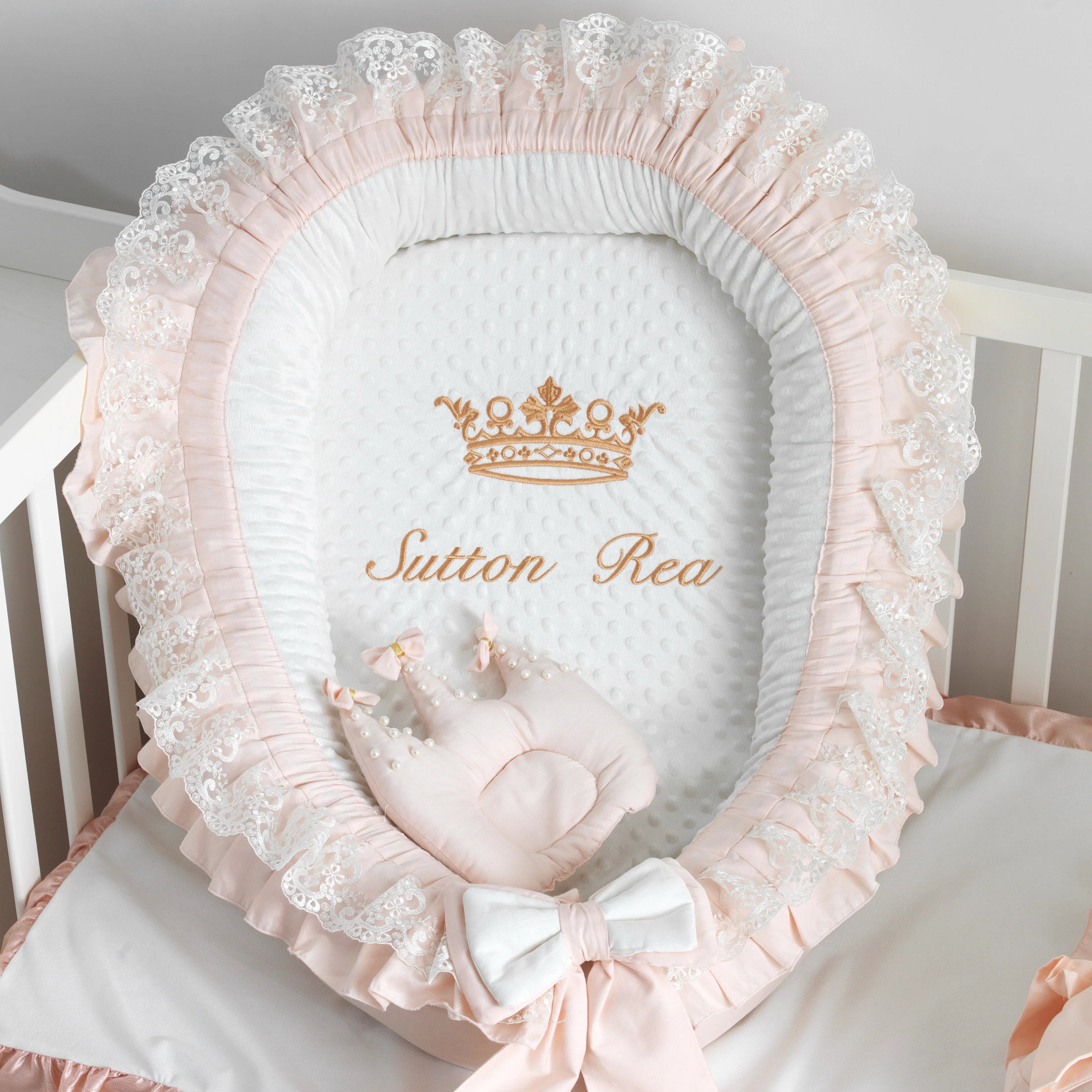 Personalized Blush Pink Cotton Baby Nest Set with Lace Ruffle and Custom Embroidery