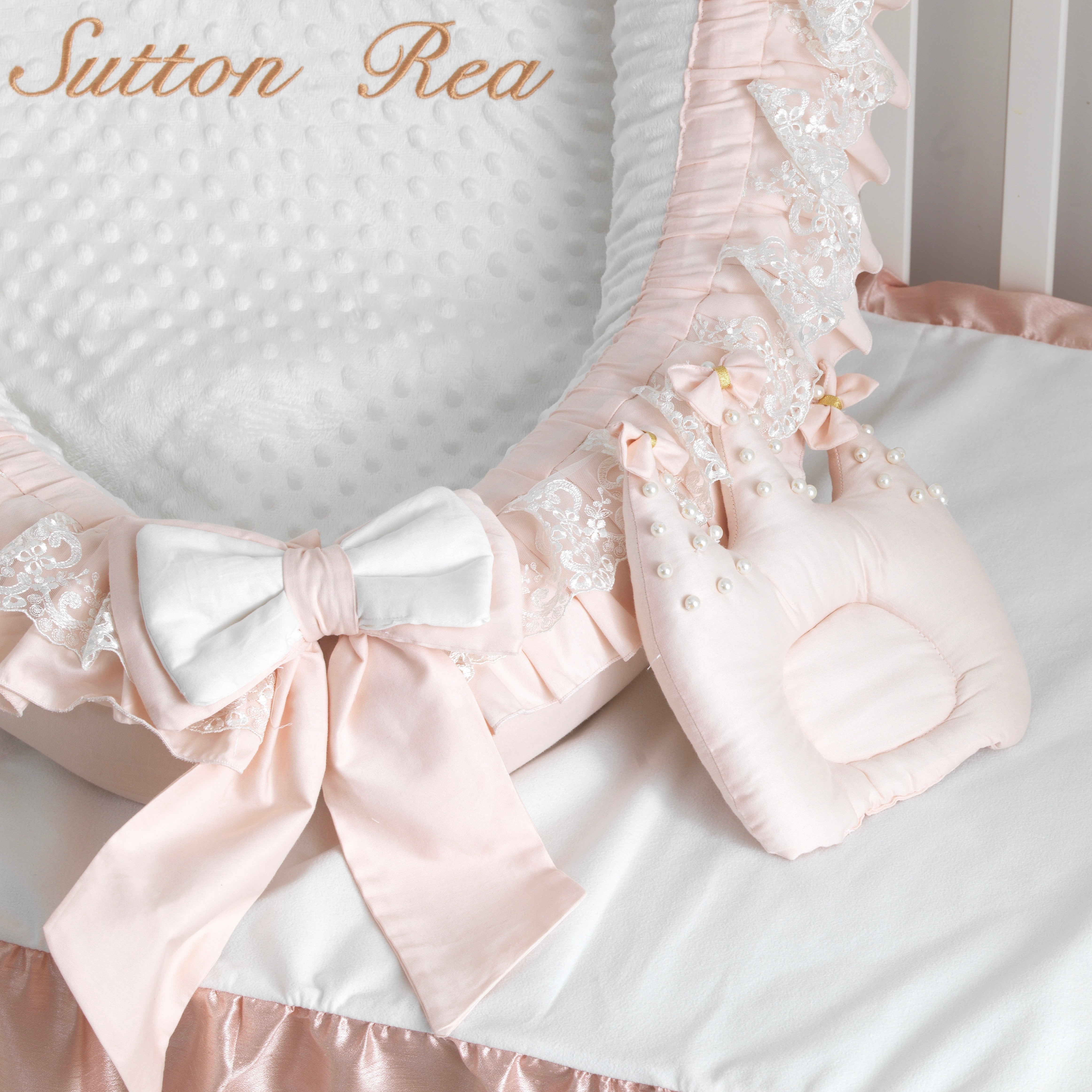 Personalized Blush Pink Cotton Baby Nest Set with Lace Ruffle and Custom Embroidery - Image 3