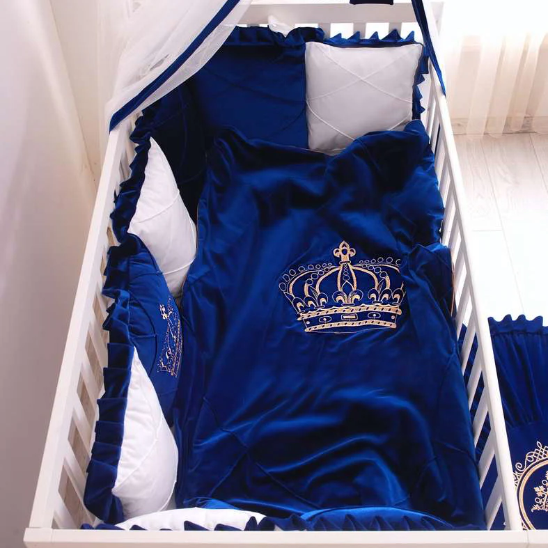 Luxury Royal Blue & White Velvet Crown Baby Boy Crib Bedding Set with Canopy - Image 4