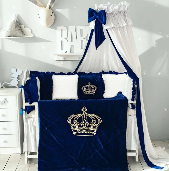 Luxury Royal Blue & White Velvet Crown Baby Boy Crib Bedding Set with Canopy - Image 5