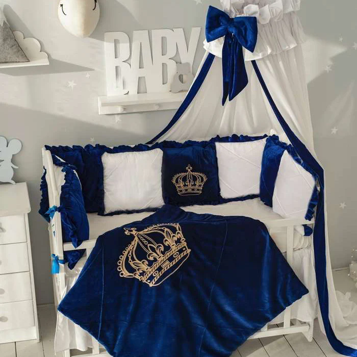 Luxury Royal Blue & White Velvet Crown Baby Boy Crib Bedding Set with Canopy - Image 6