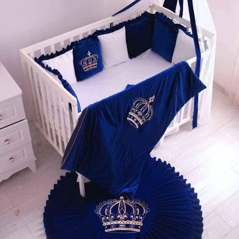 Luxury Royal Blue & White Velvet Crown Baby Boy Crib Bedding Set with Canopy - Image 7