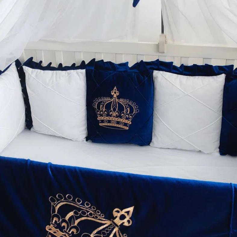 Luxury Royal Blue & White Velvet Crown Baby Boy Crib Bedding Set with Canopy - Image 8