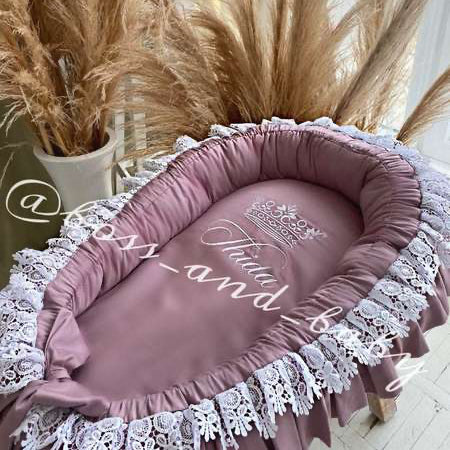 Personalized Blush Pink Baby Nest for Newborn | Cotton Baby Nest | Crown Embroidery with Lace Trim - Image 3