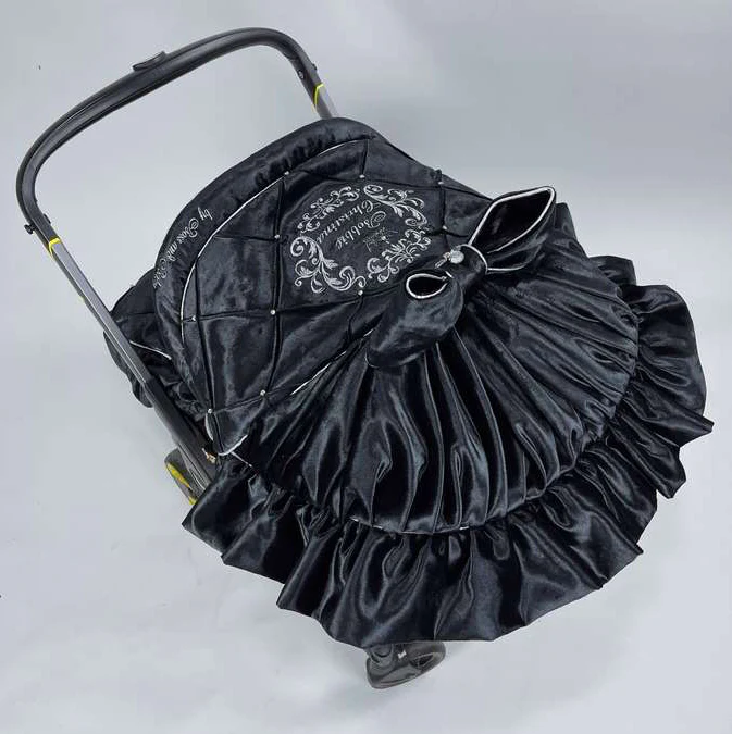 Customized Black Velvet Baby Car Seat & Stroller Cover – Rhinestone Canopy - Image 6