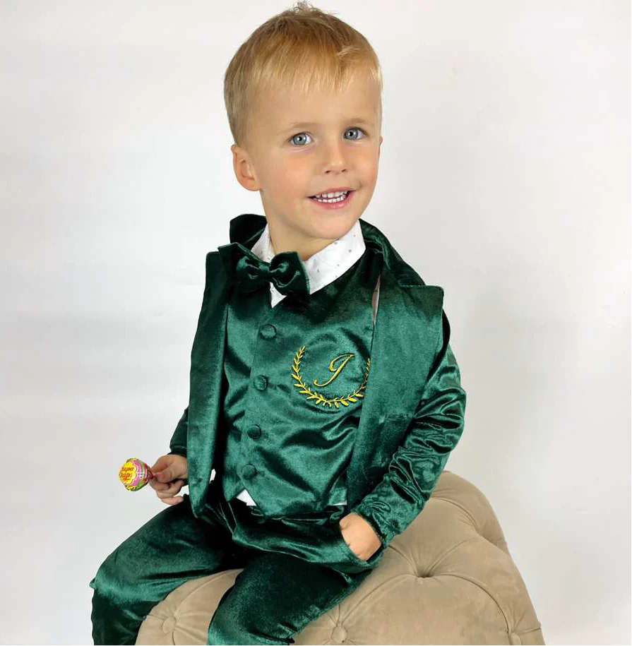 Emerald Green Velvet Baby Boy Suit – 4-Piece Tuxedo - Image 6