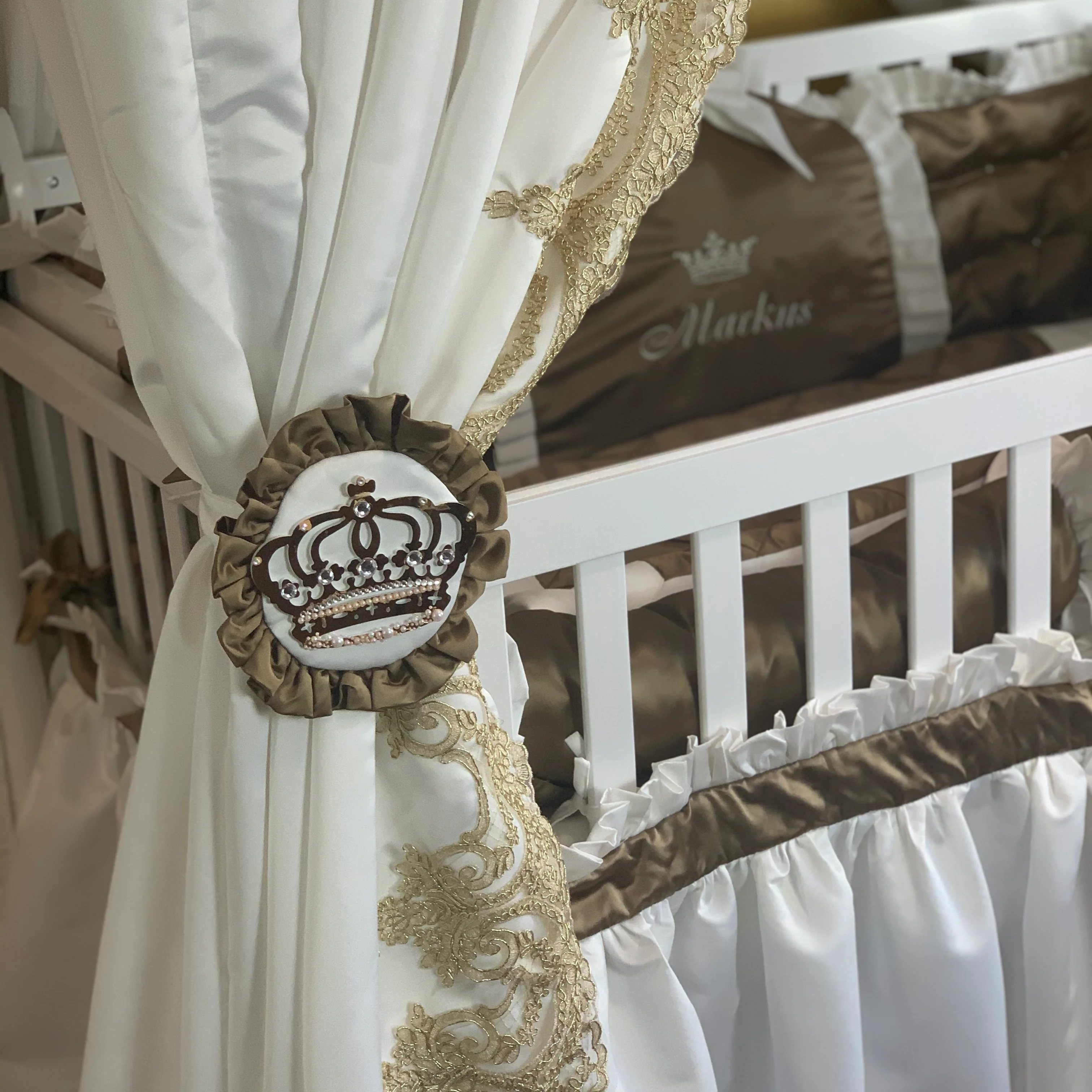 Gold Baby Boy Crib Bedding Set with Lace & Canopy - Image 3