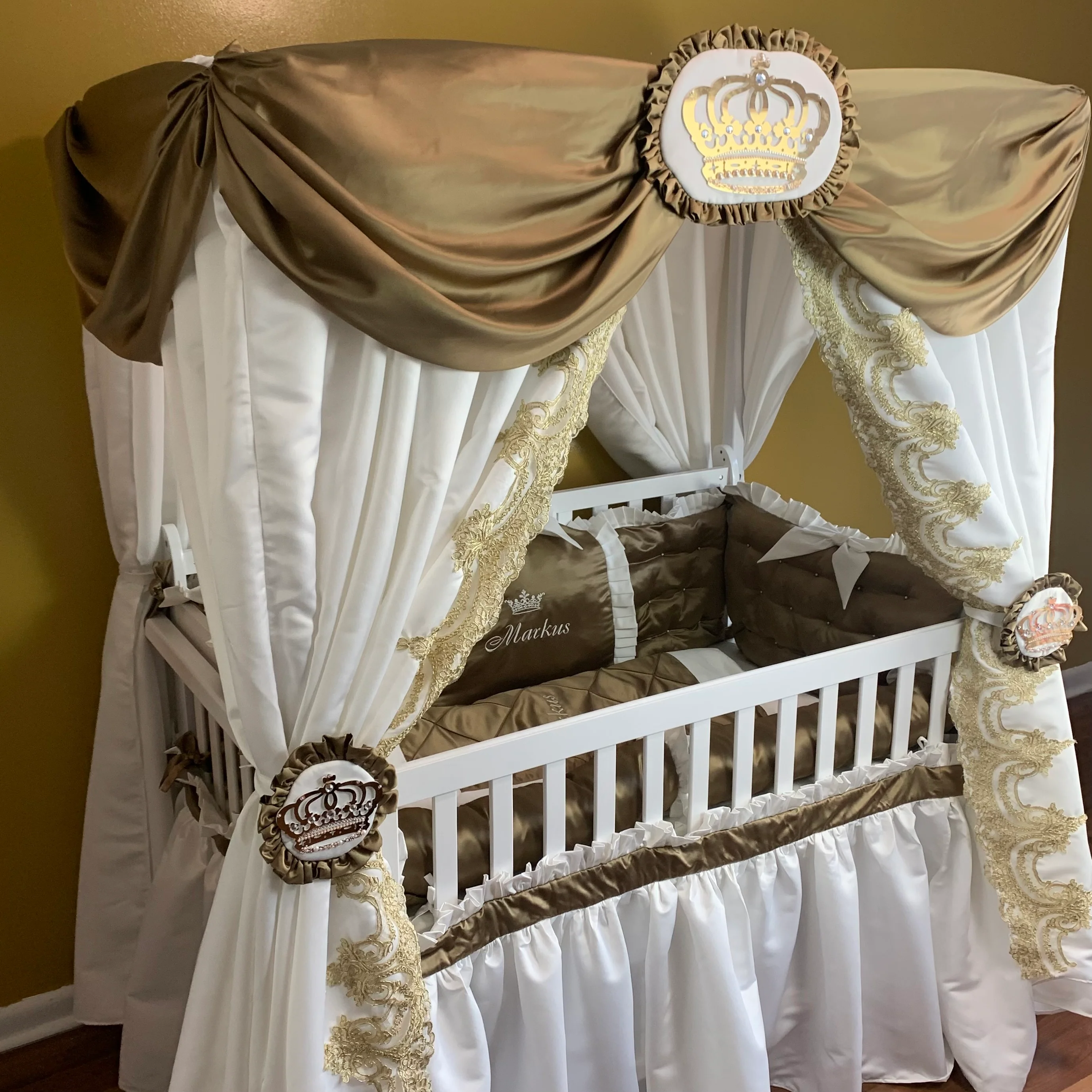 Gold Baby Boy Crib Bedding Set with Lace & Canopy - Image 5