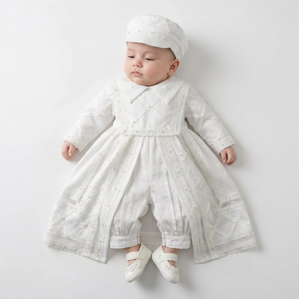 Handmade Baby Boy Baptism Gown with Pearls & Rhinestones