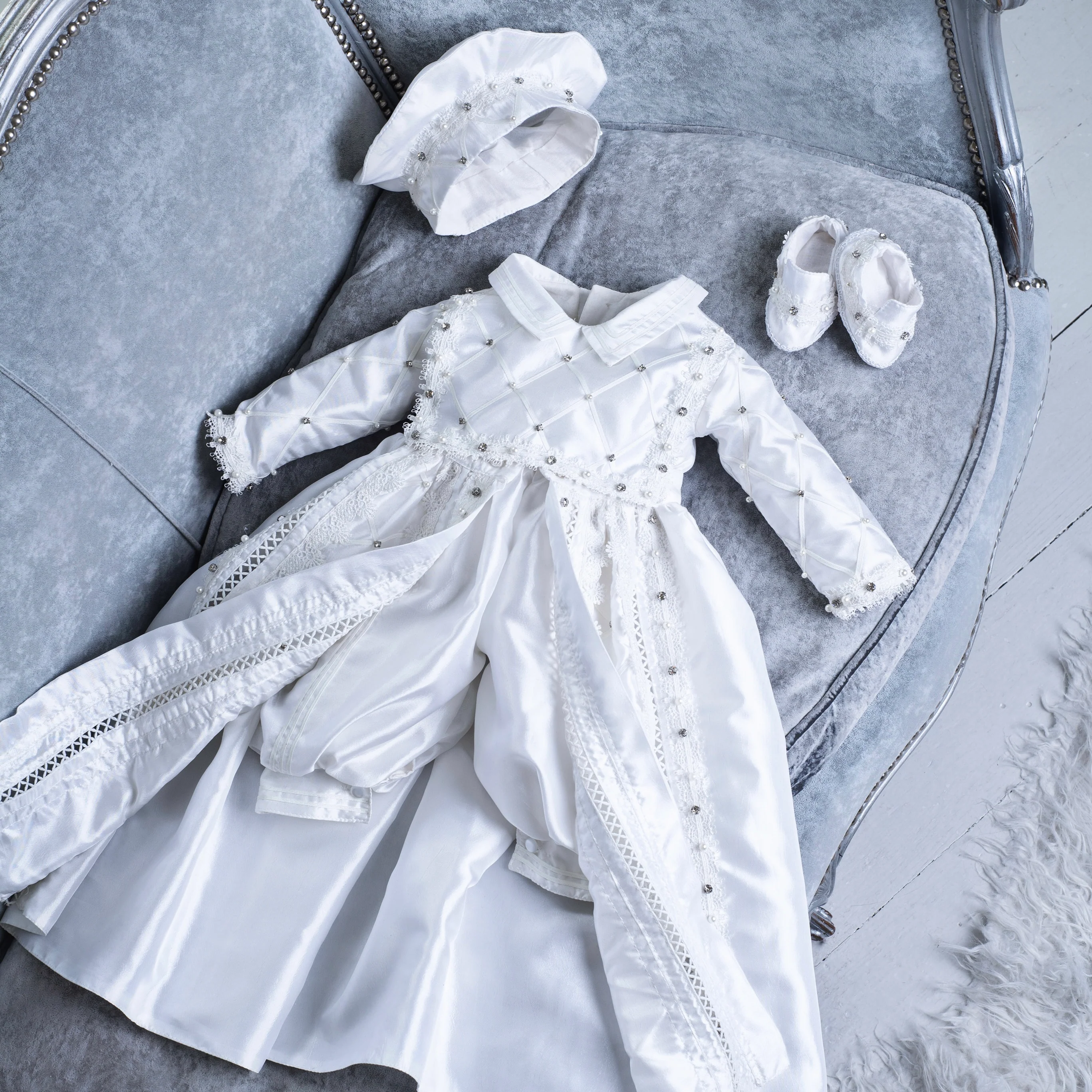 Handmade Baby Boy Baptism Gown with Pearls & Rhinestones - Image 2