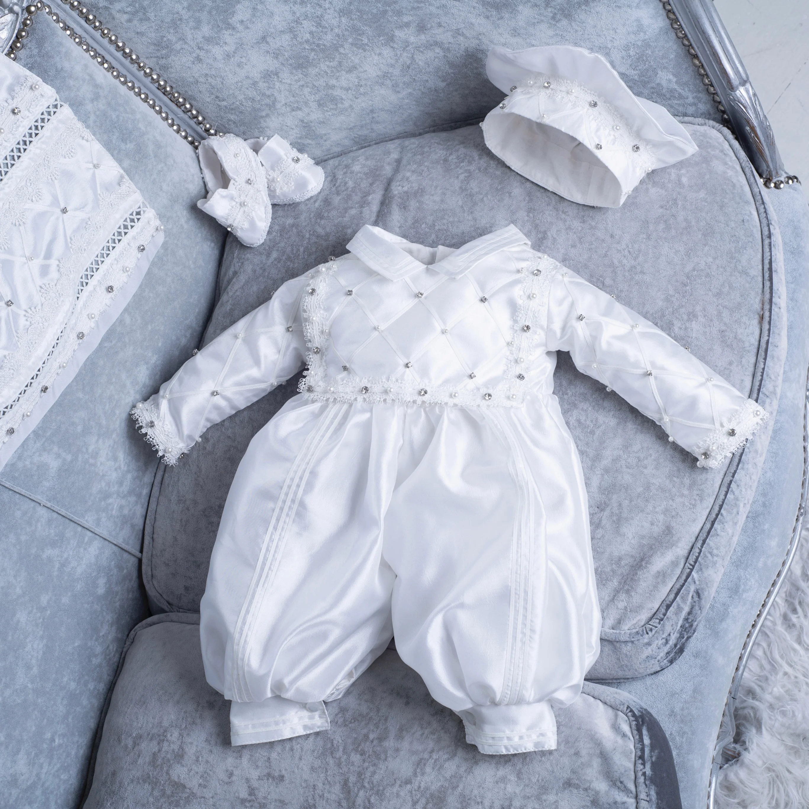 Handmade Baby Boy Baptism Gown with Pearls & Rhinestones - Image 3