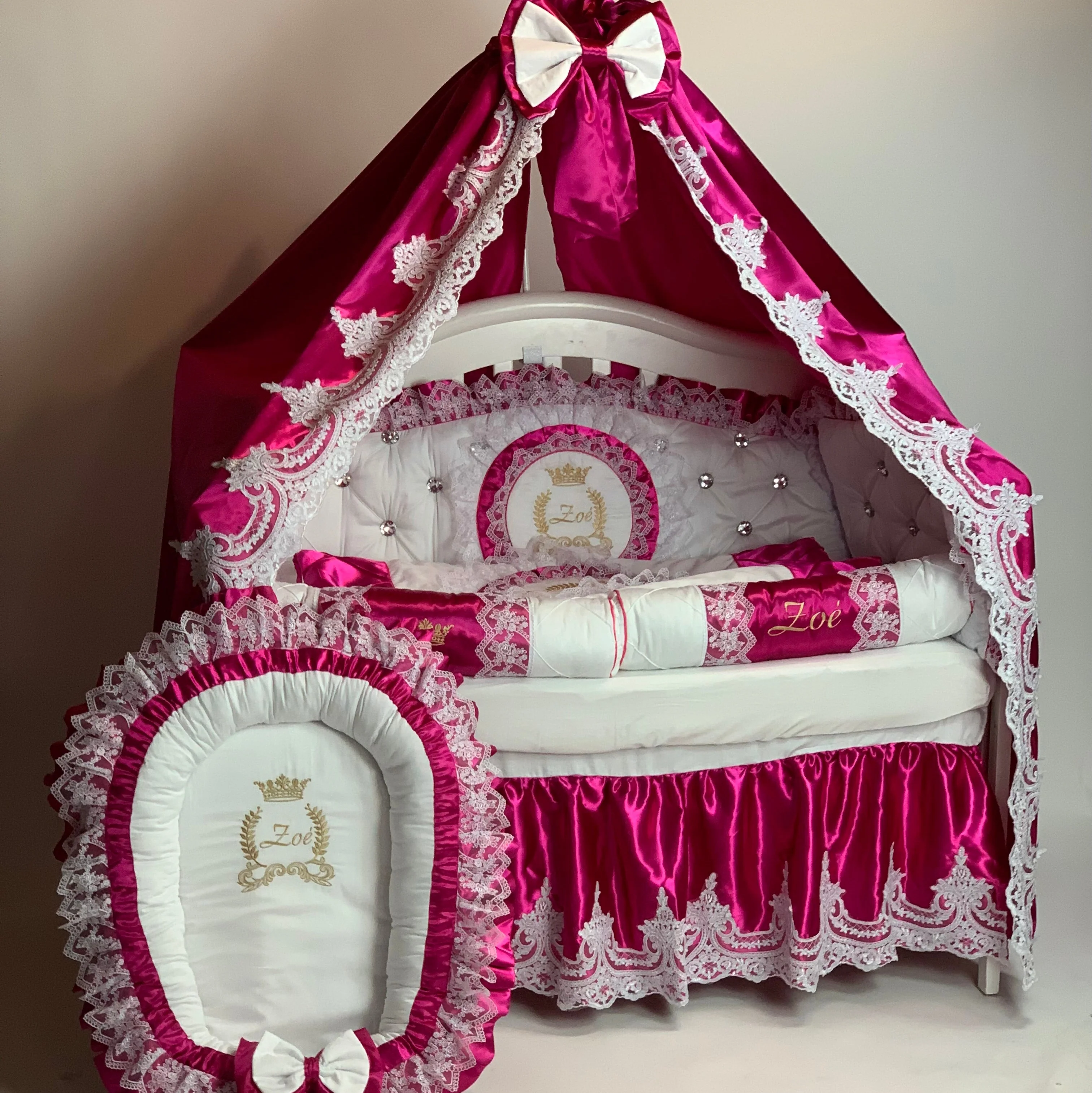 Luxury Hot Pink Glam Baby Girl Nursery Crib Bedding Set with Canopy - Image 3