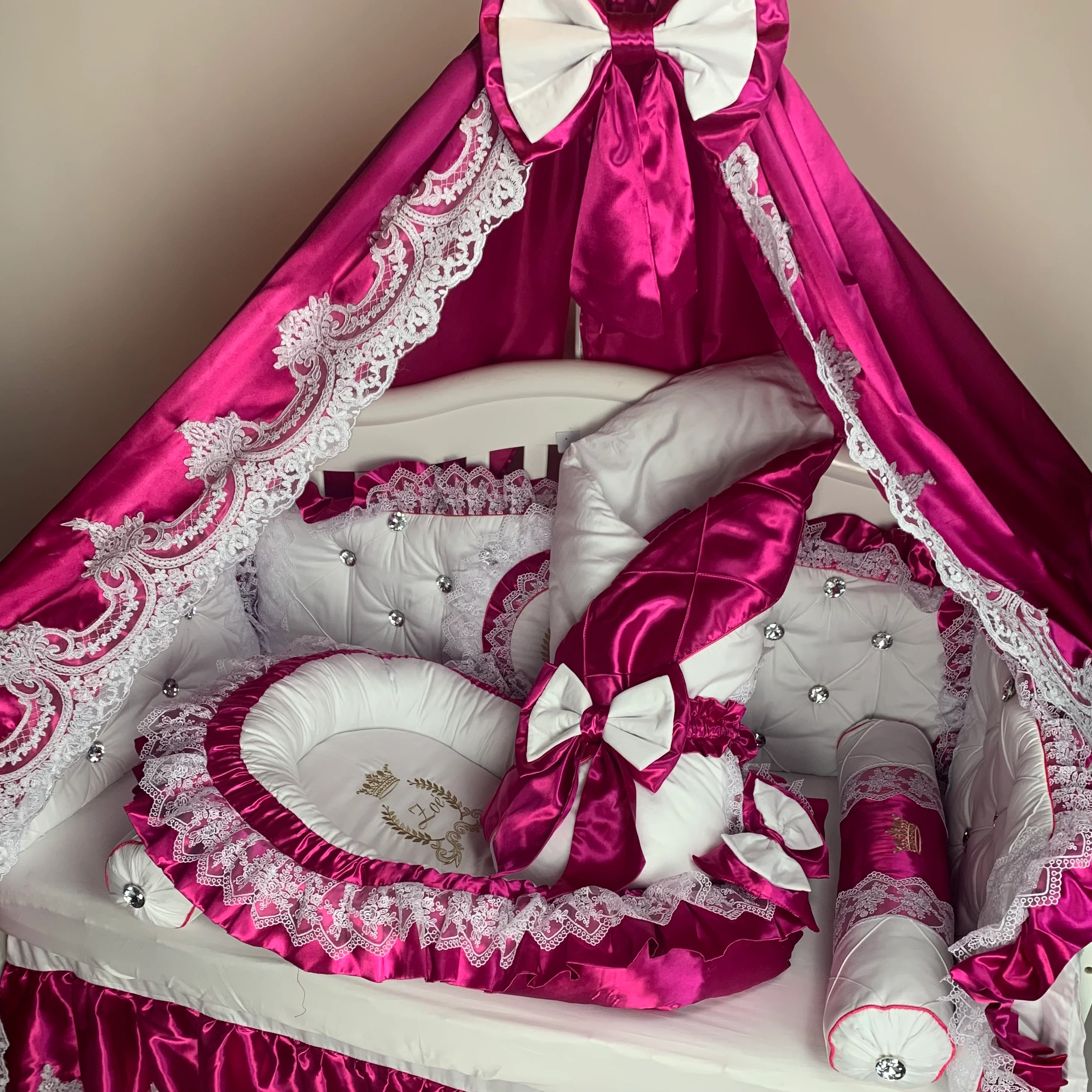 Luxury Hot Pink Glam Baby Girl Nursery Crib Bedding Set with Canopy - Image 4