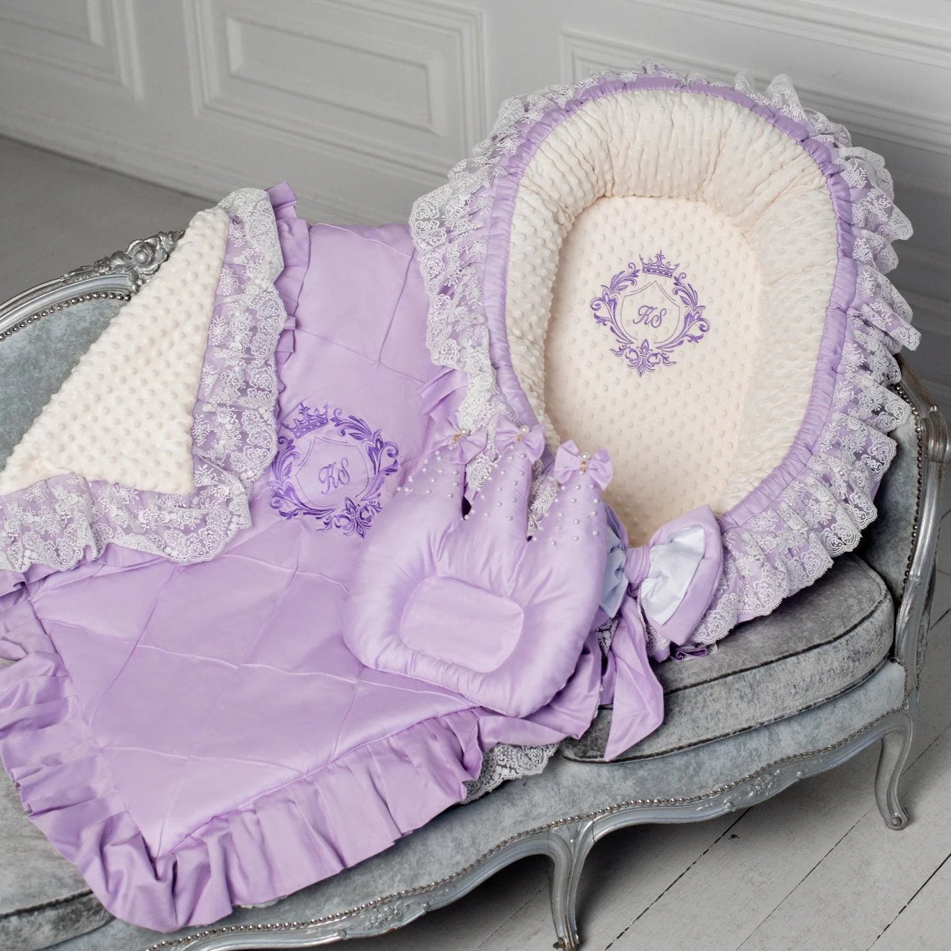 Personalized Royal Lavender Baby Nest | Organic Newborn Cotton Baby Nest | Embroidered Baby Nest