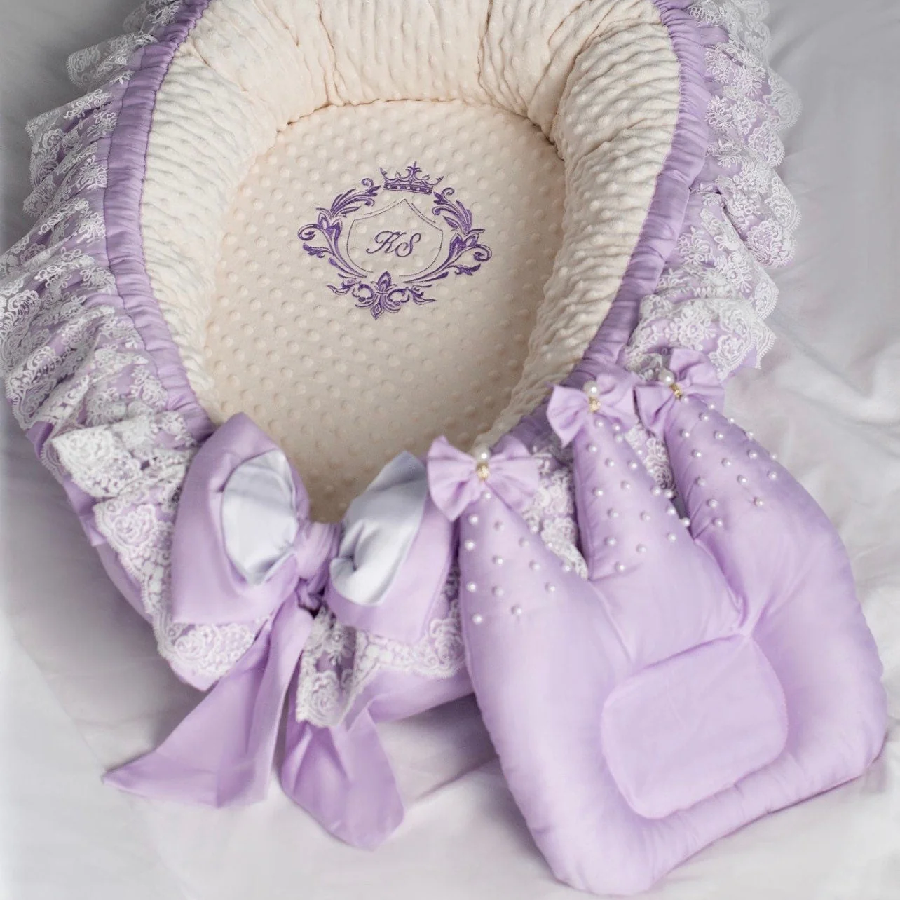 Personalized Royal Lavender Baby Nest | Organic Newborn Cotton Baby Nest | Embroidered Baby Nest - Image 2