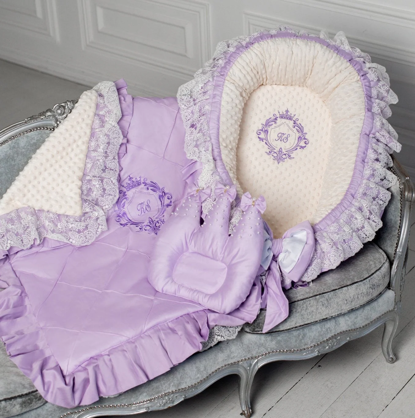 Personalized Royal Lavender Baby Nest | Organic Newborn Cotton Baby Nest | Embroidered Baby Nest - Image 3