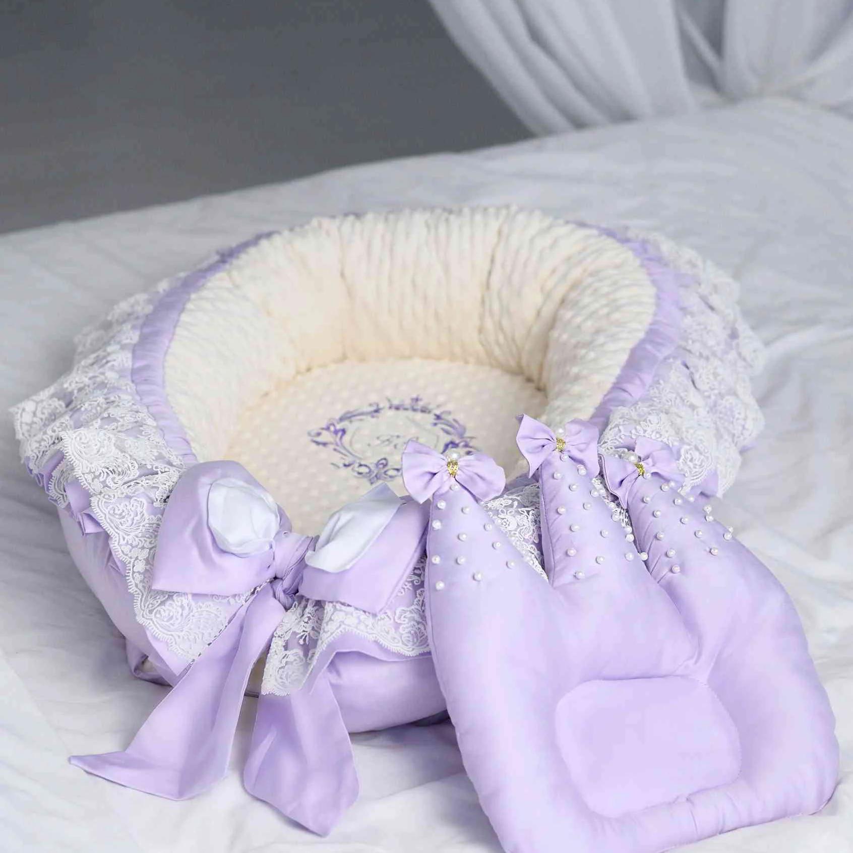 Personalized Royal Lavender Baby Nest | Organic Newborn Cotton Baby Nest | Embroidered Baby Nest - Image 4