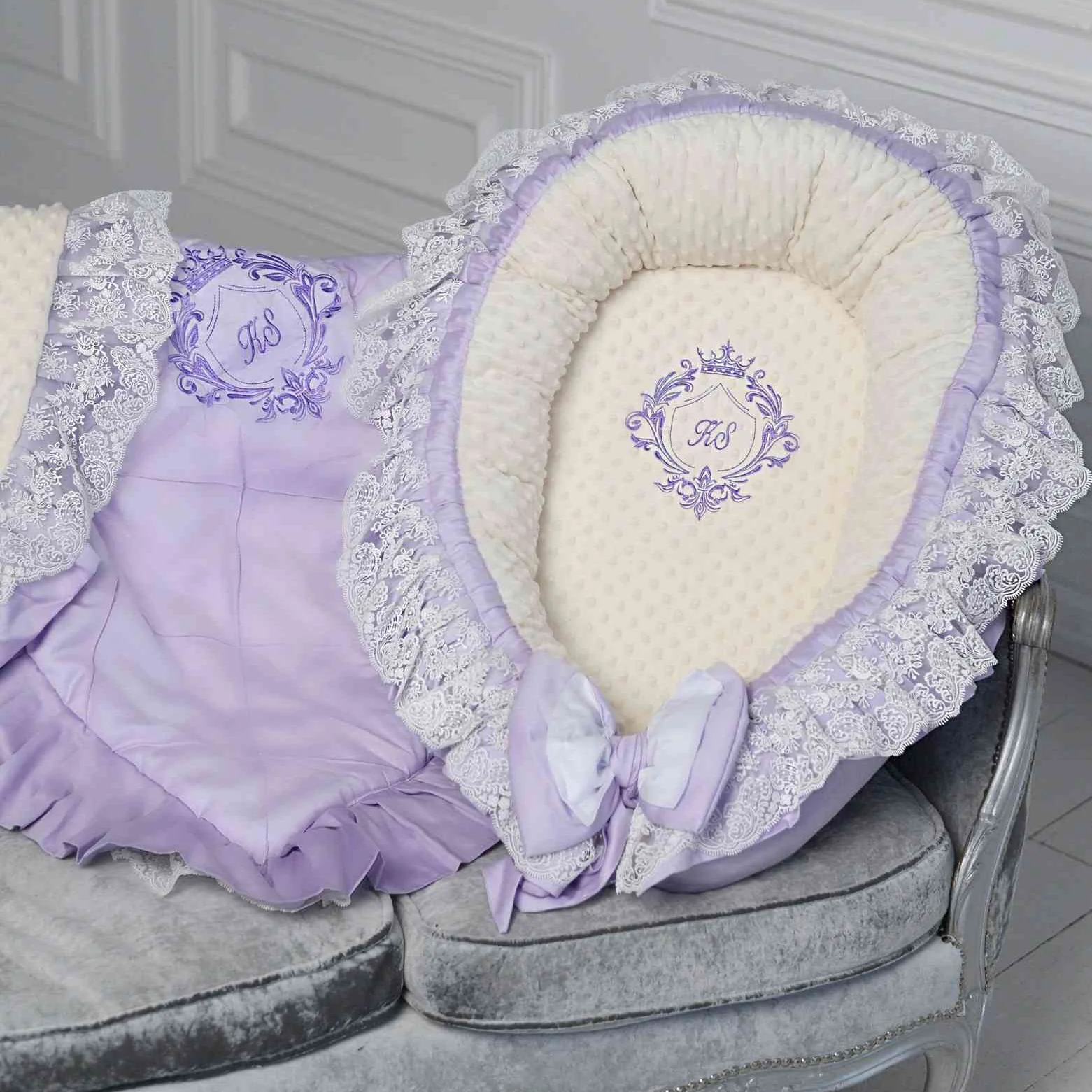 Personalized Royal Lavender Baby Nest | Organic Newborn Cotton Baby Nest | Embroidered Baby Nest - Image 5