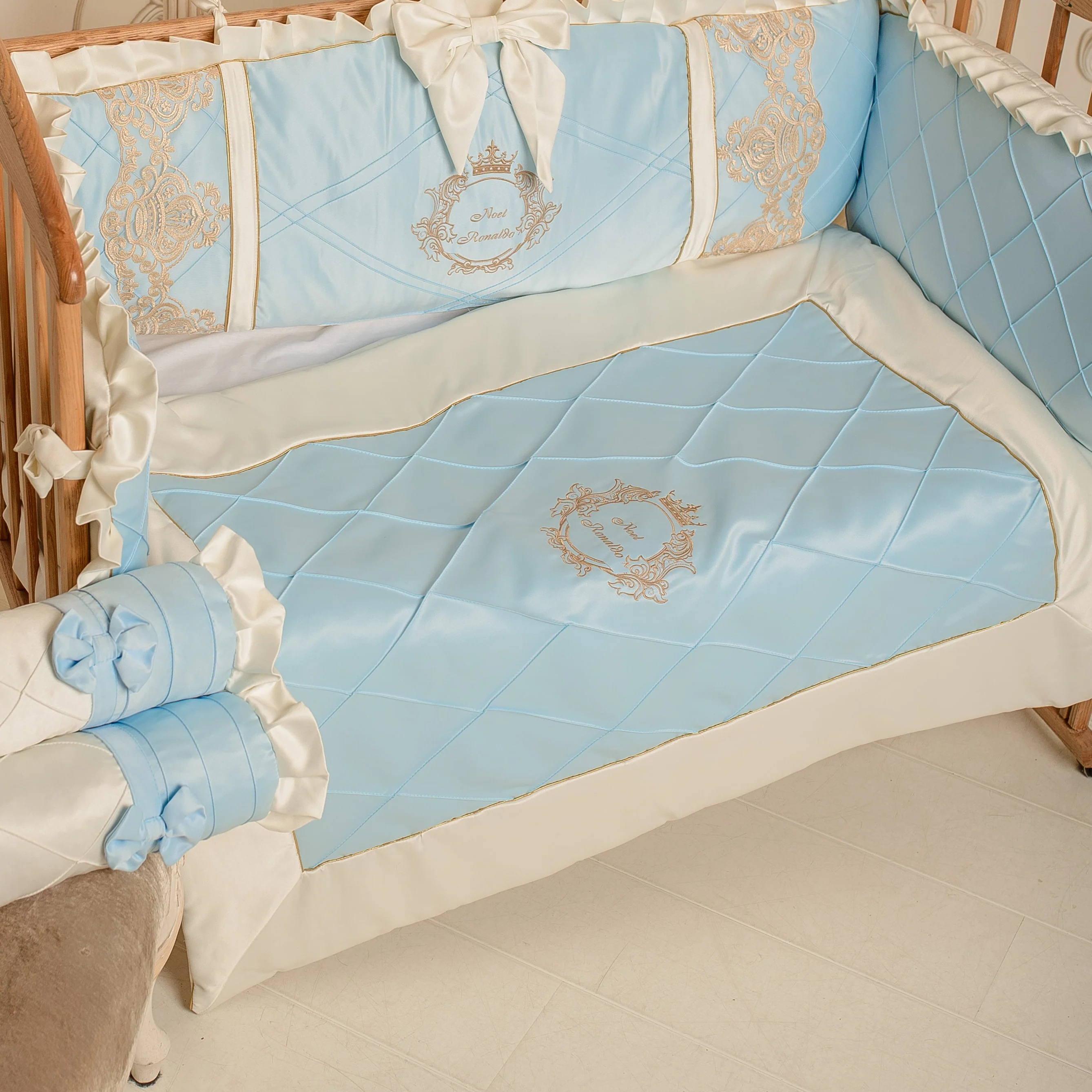 Luxury Baby Blue & Ivory Lace Bedding Set for Cribs - Image 5